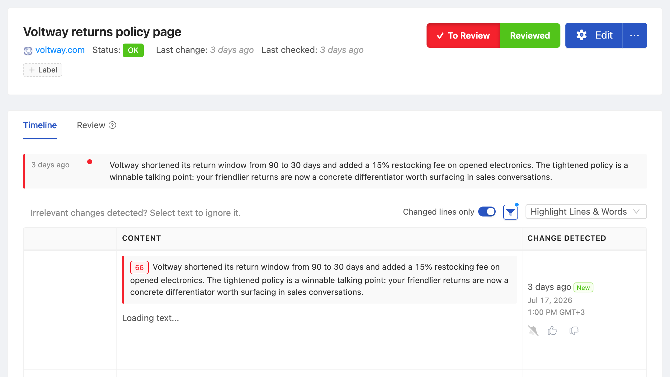 PageCrawl change diff for Competitor Returns Policy Page, highlighting the added and removed text