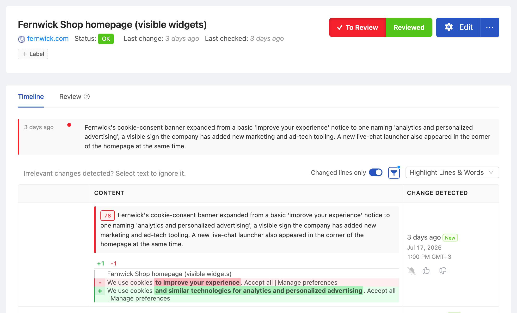 PageCrawl change diff for Competitor Homepage Source, highlighting the added and removed text