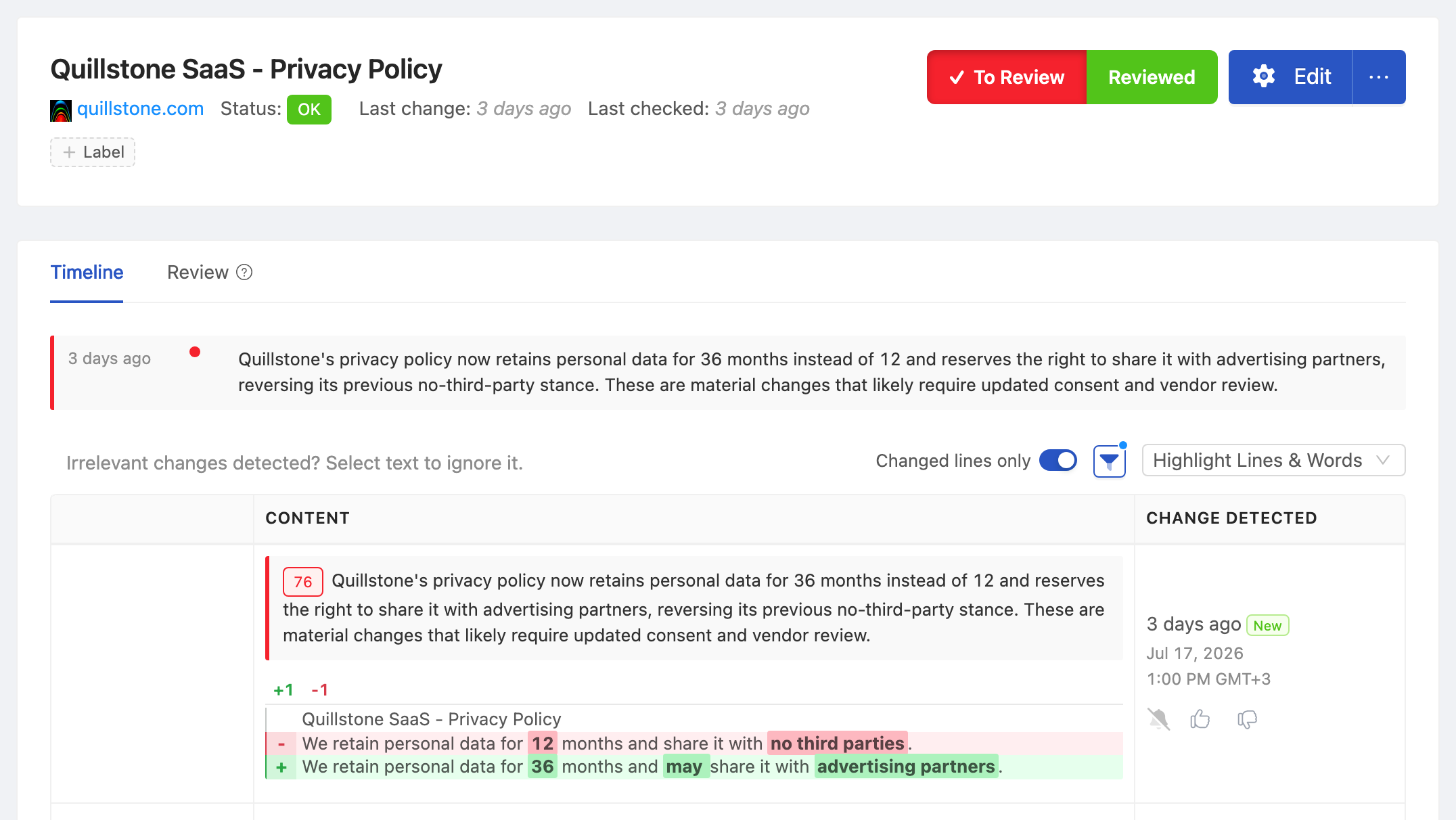 PageCrawl change diff for Acme SaaS - Privacy Policy, highlighting the added and removed text