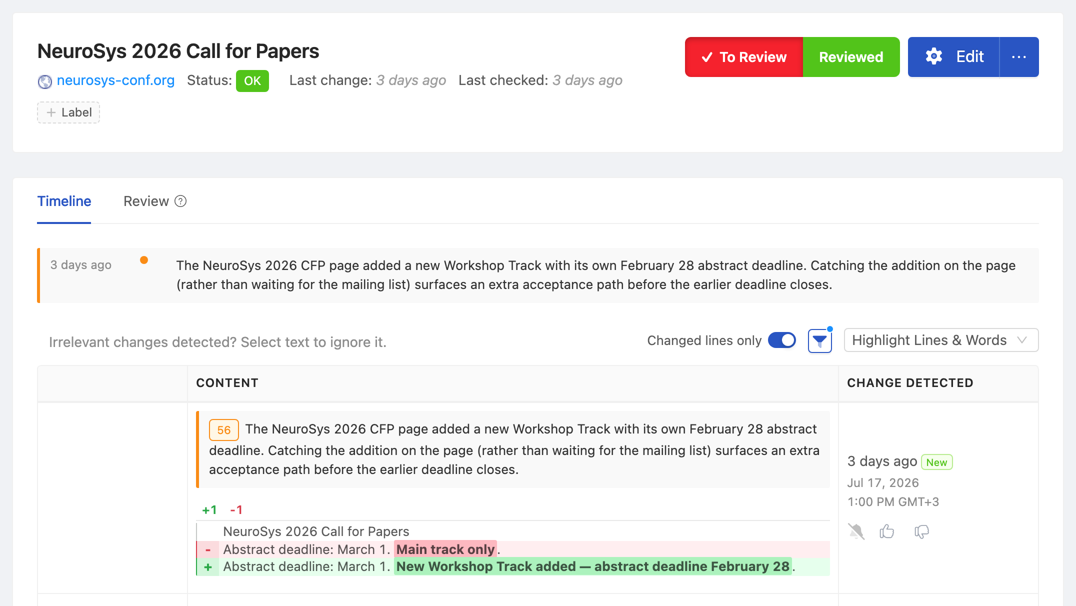 PageCrawl change diff for Conference Call for Papers Page, highlighting the added and removed text