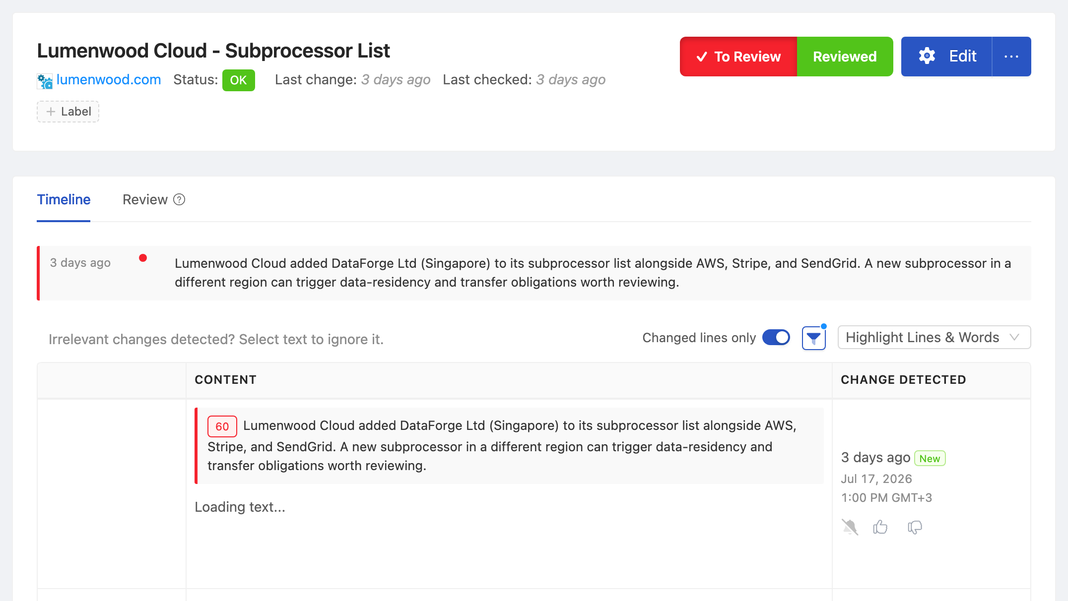 PageCrawl change diff for Meridian Cloud - Subprocessor List, highlighting the added and removed text