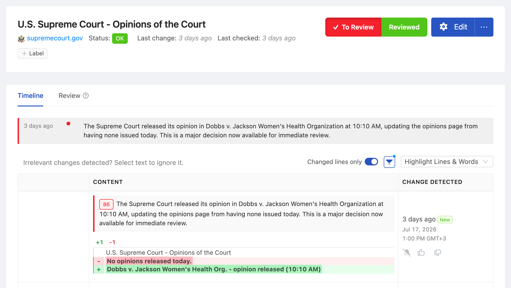 PageCrawl change diff for U.S. Supreme Court - Opinions of the Court, highlighting the added and removed text
