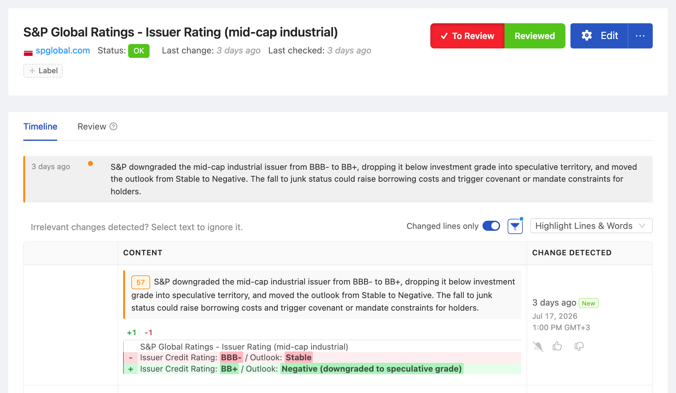 PageCrawl change diff for S&P Global Ratings - Issuer Rating (mid-cap industrial), highlighting the added and removed text