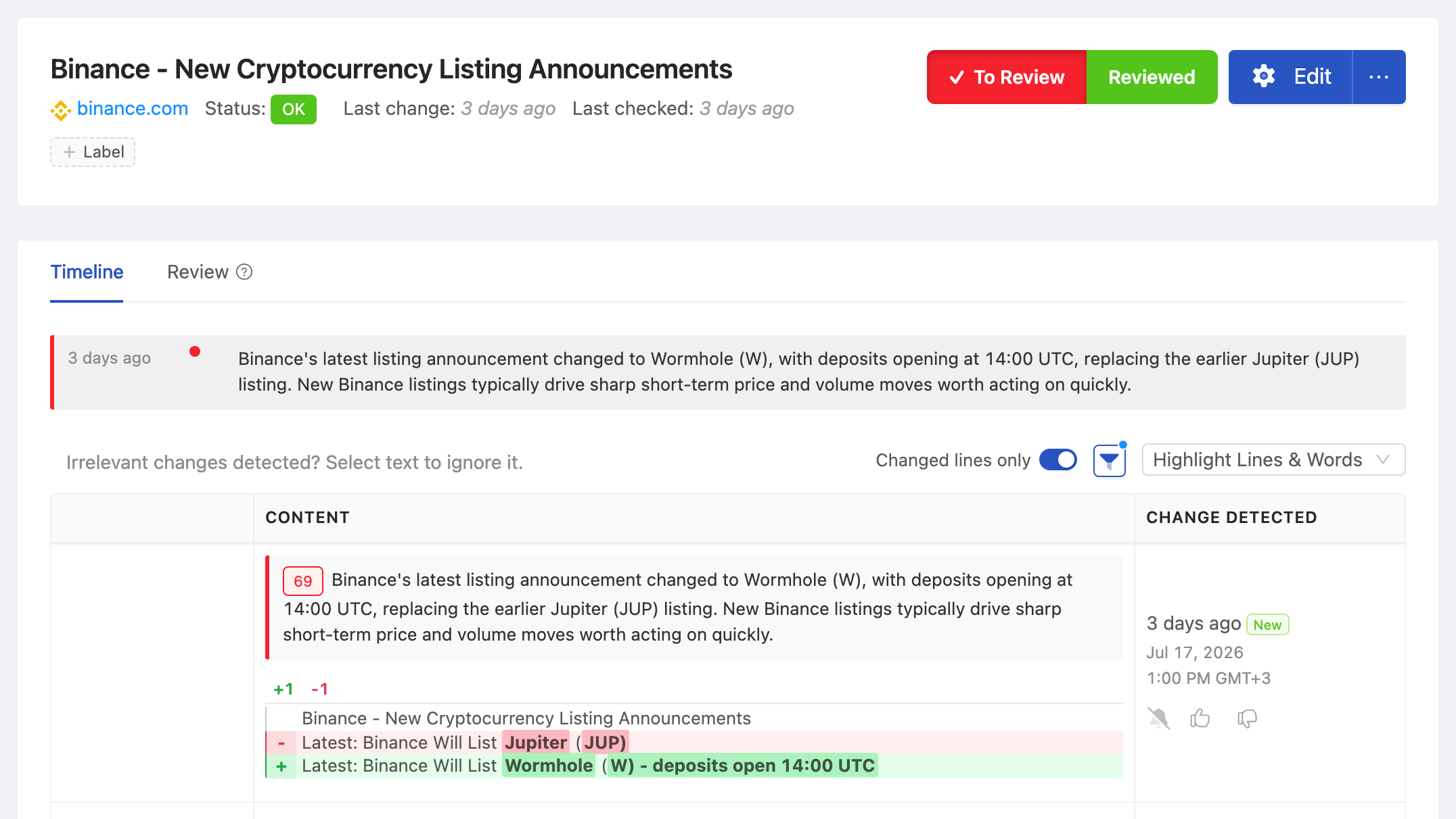 PageCrawl change diff for Binance - New Cryptocurrency Listing Announcements, highlighting the added and removed text