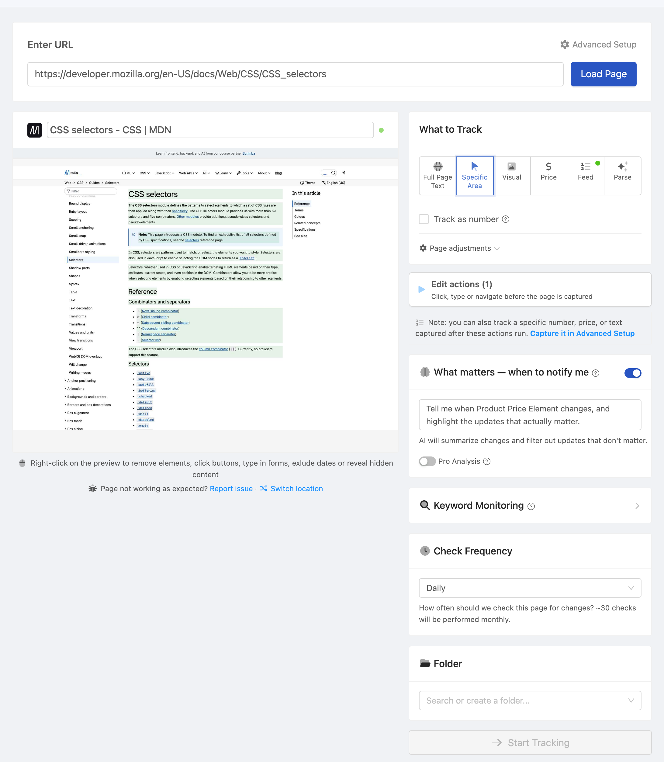 Setting up a PageCrawl monitor for Product Price Element