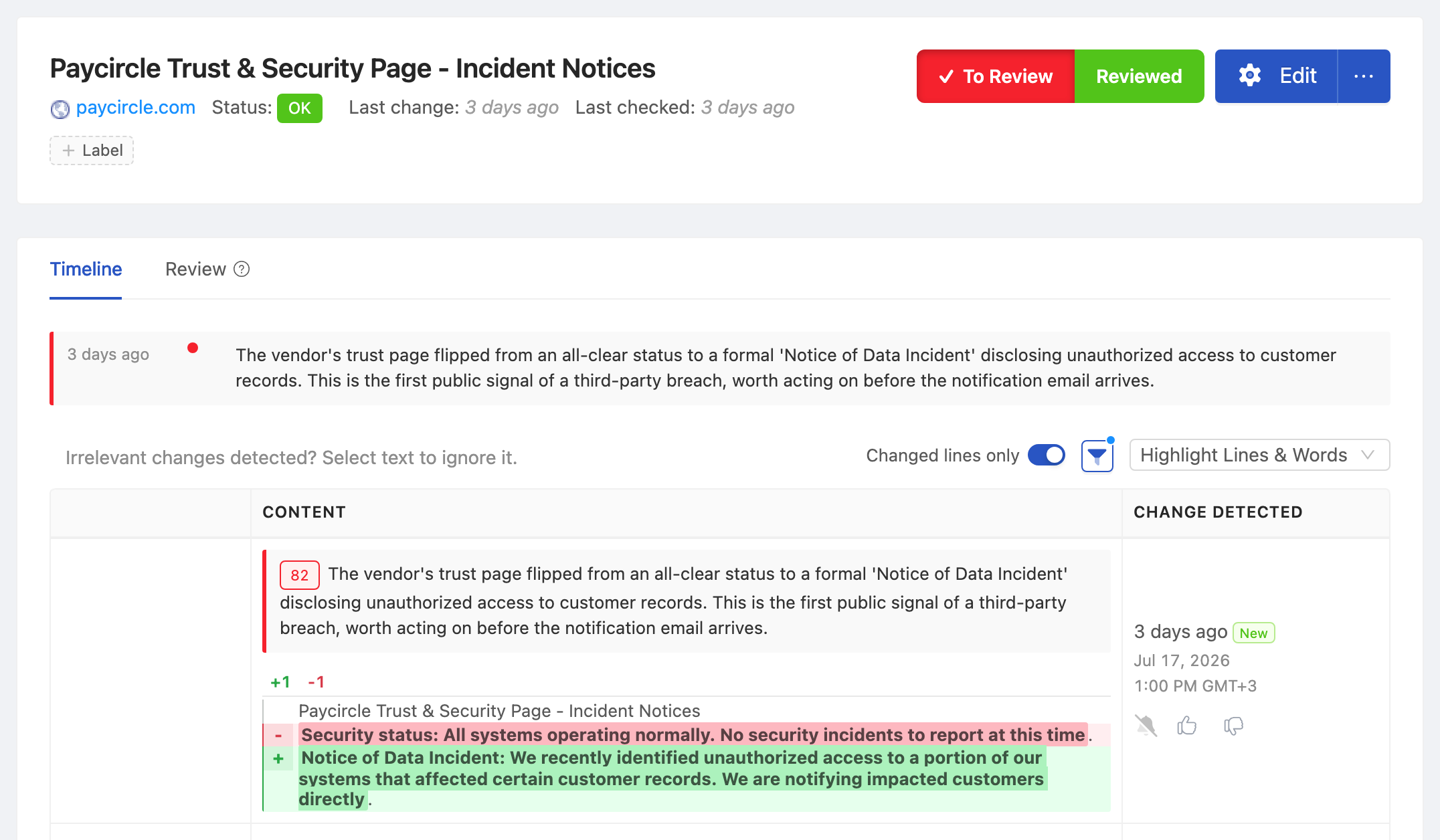 PageCrawl change diff for Payroll Vendor - Trust & Security Page, highlighting the added and removed text