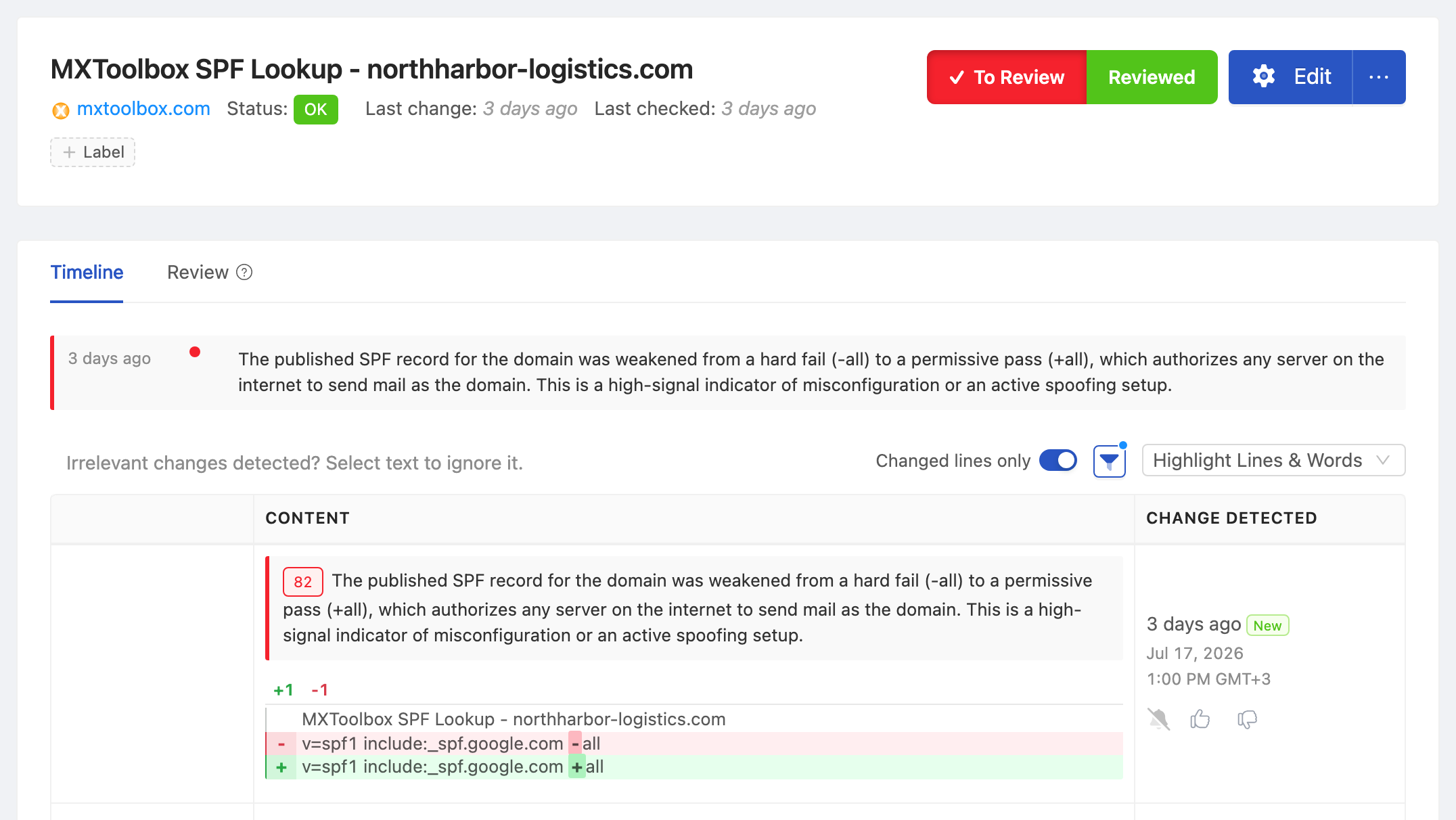PageCrawl change diff for SPF Record: logistics-corp.com, highlighting the added and removed text