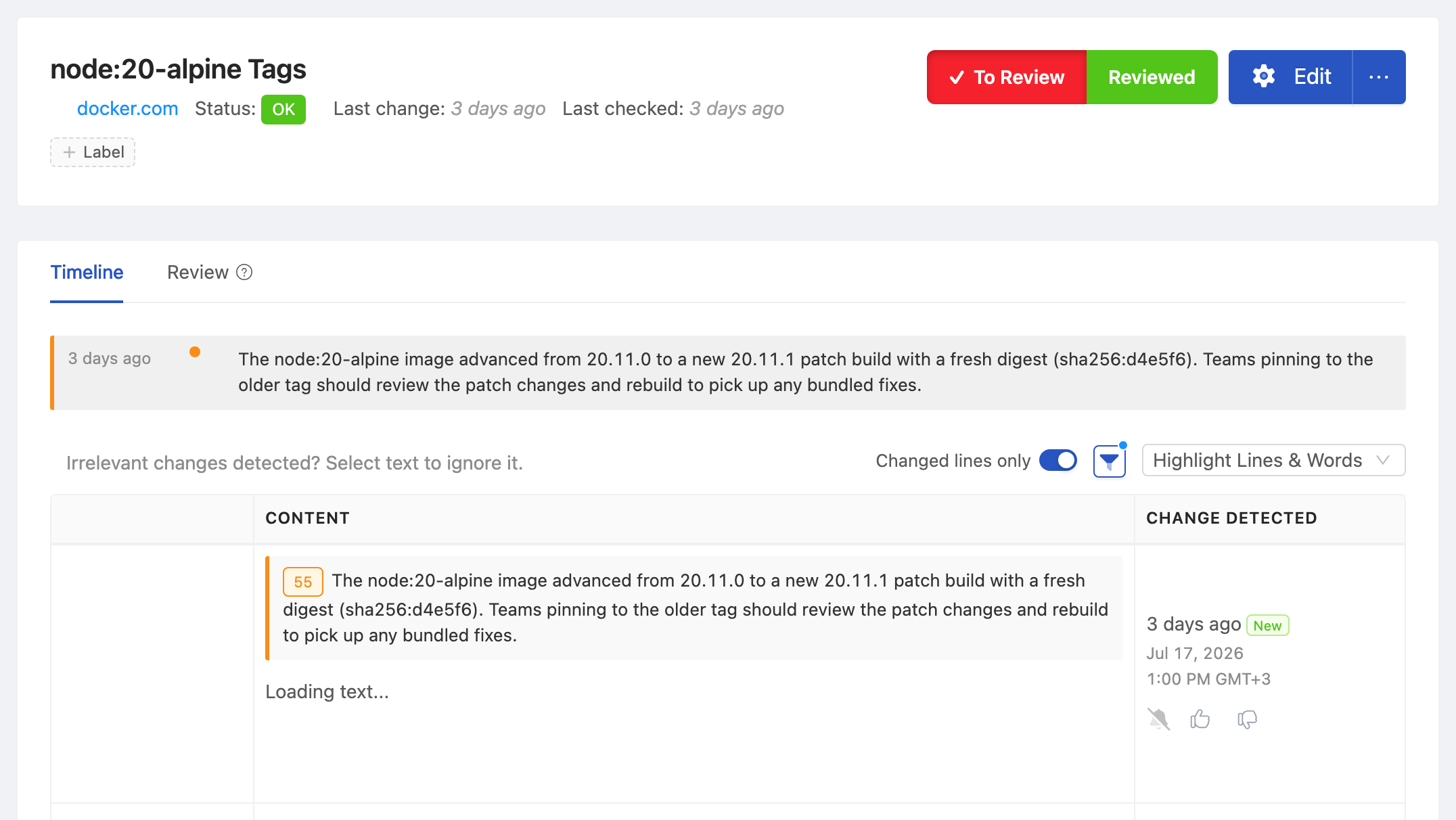 PageCrawl change diff for node:20-alpine Tags, highlighting the added and removed text