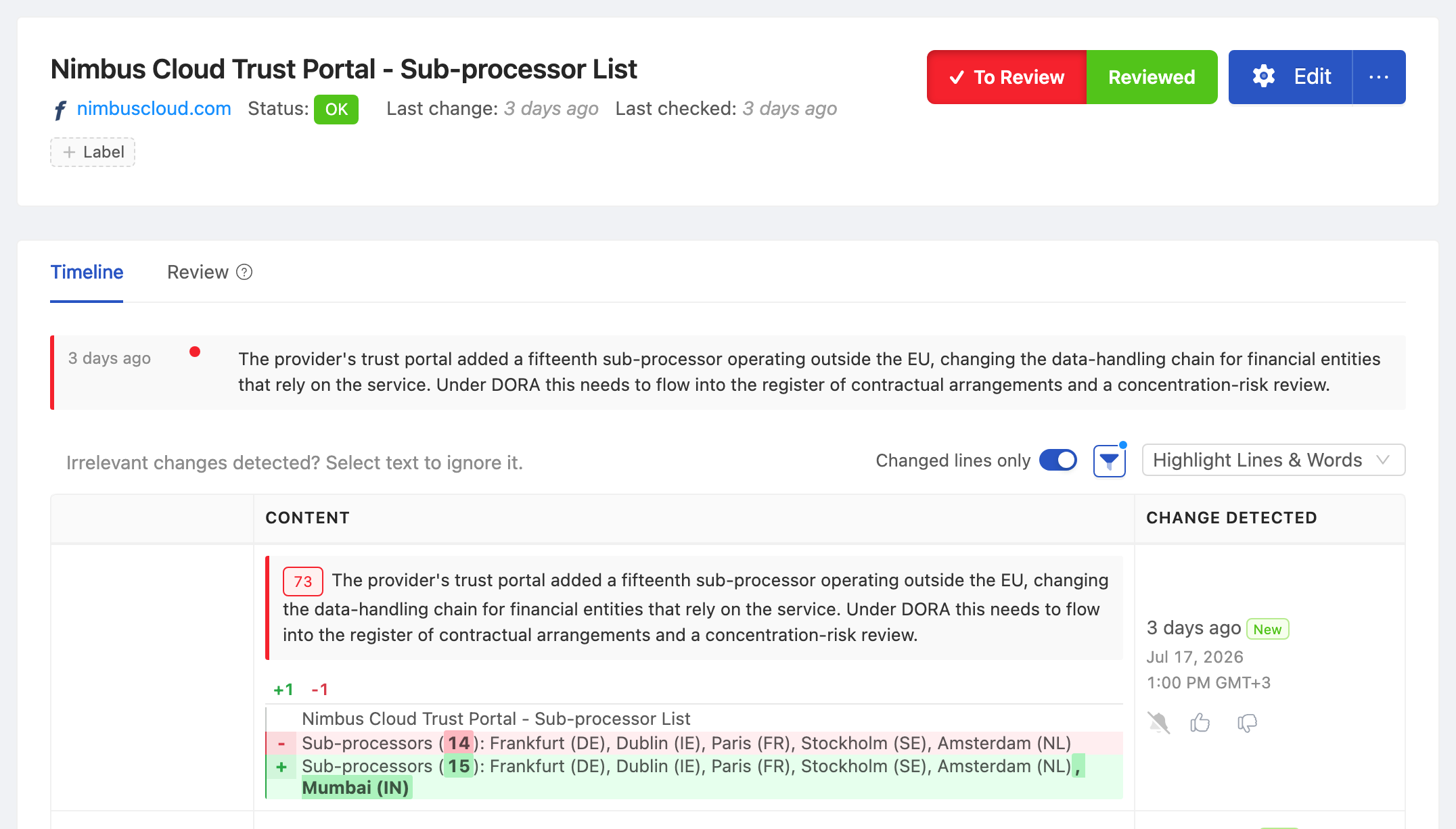 PageCrawl change diff for Cloud Provider Trust Portal, highlighting the added and removed text
