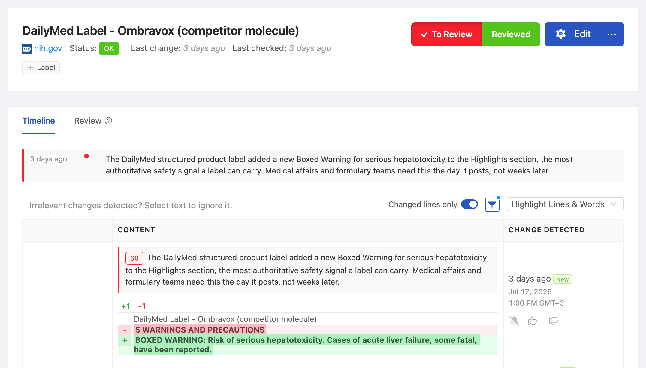 PageCrawl change diff for DailyMed Label: competitor molecule, highlighting the added and removed text