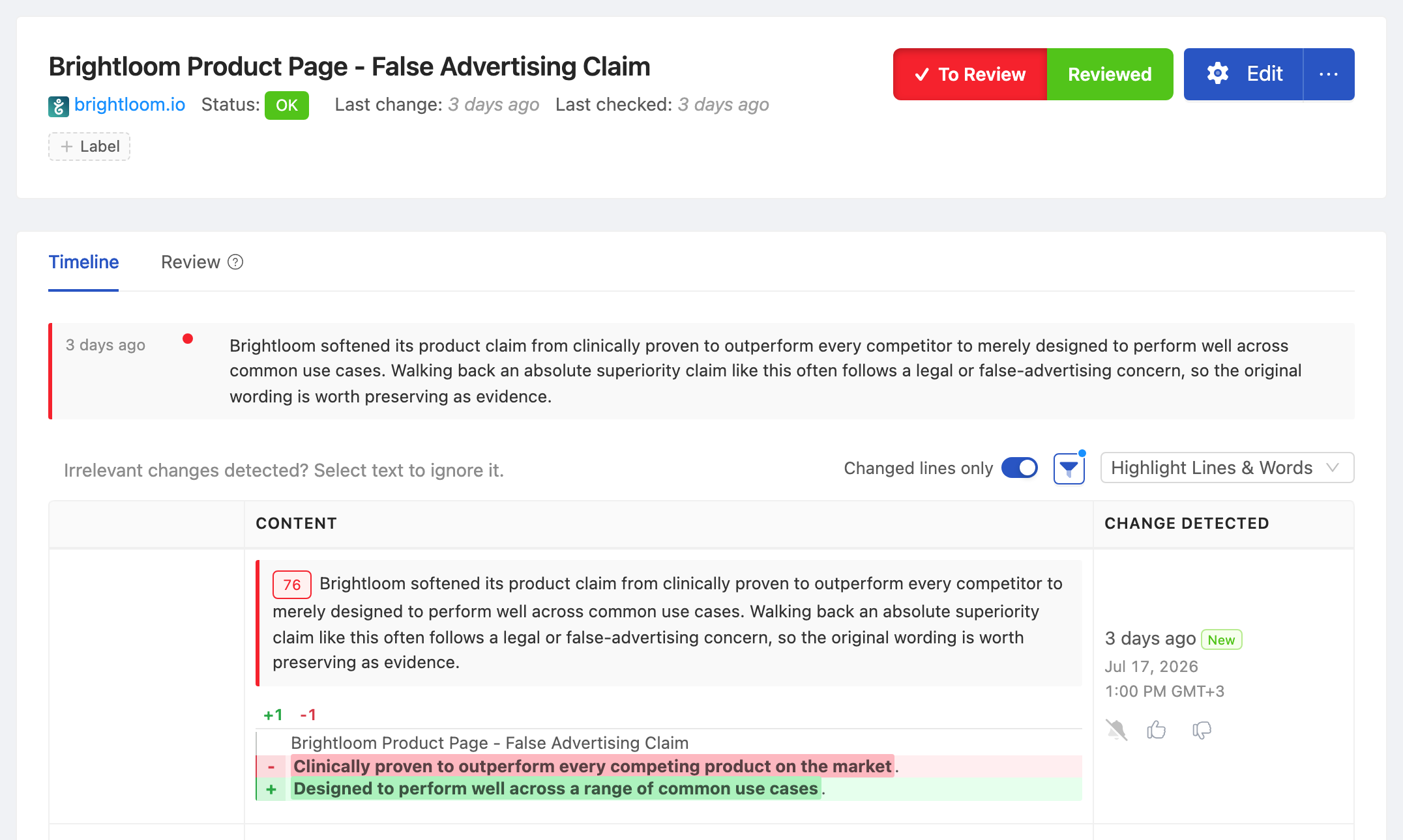 PageCrawl change diff for Competitor Product Page - False Advertising Claim, highlighting the added and removed text
