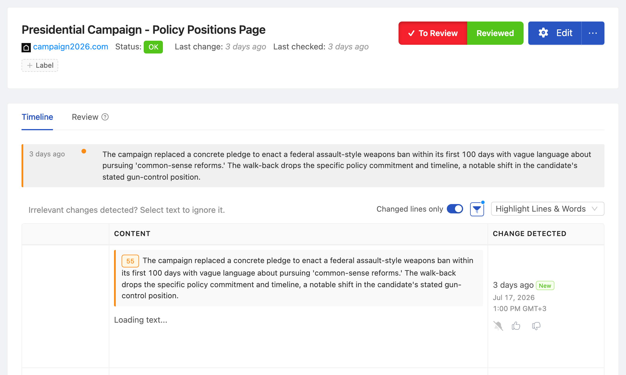 PageCrawl change diff for Presidential Campaign - Policy Positions Page, highlighting the added and removed text