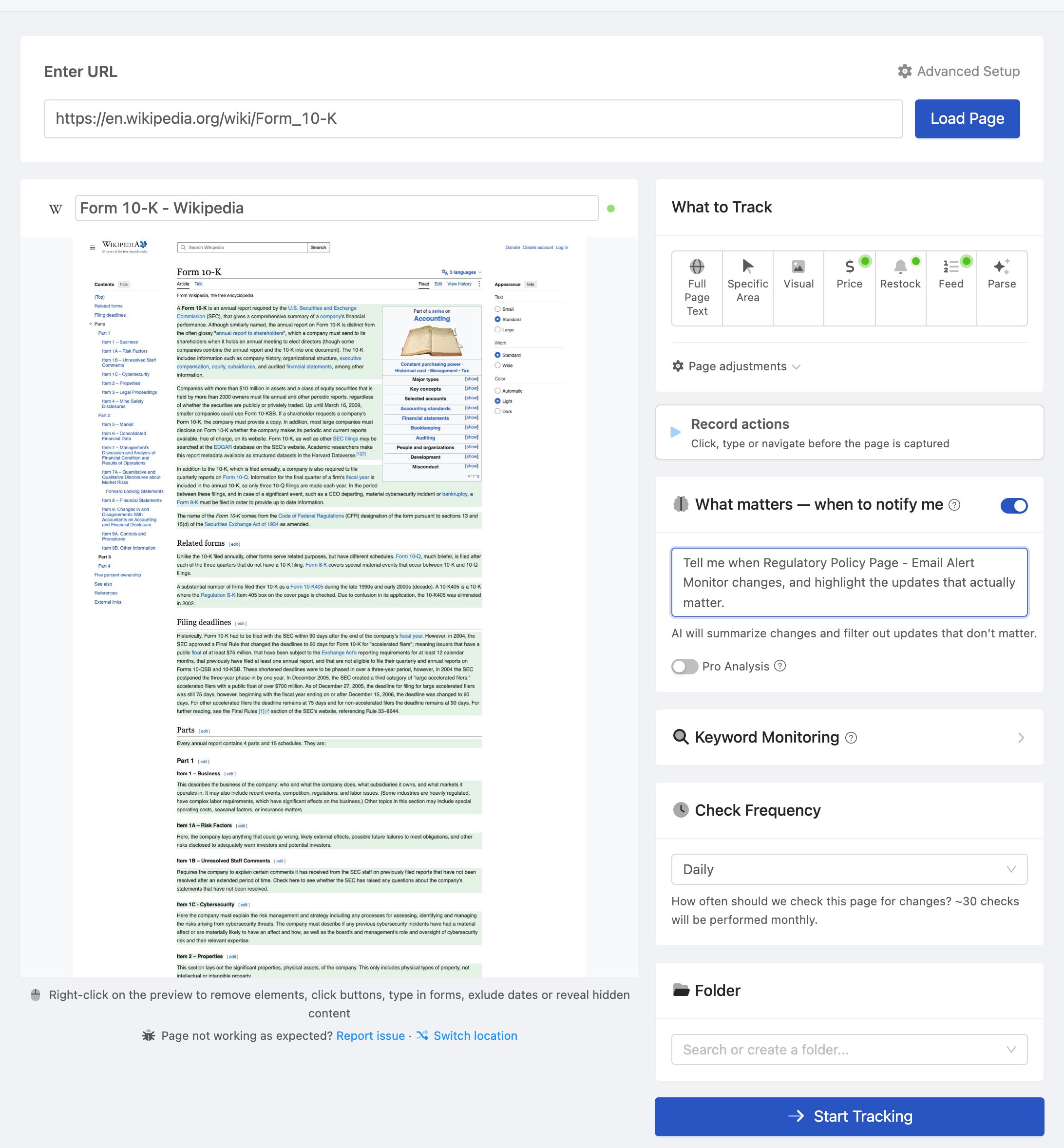 Setting up a PageCrawl monitor for Regulatory Policy Page - Email Alert Monitor