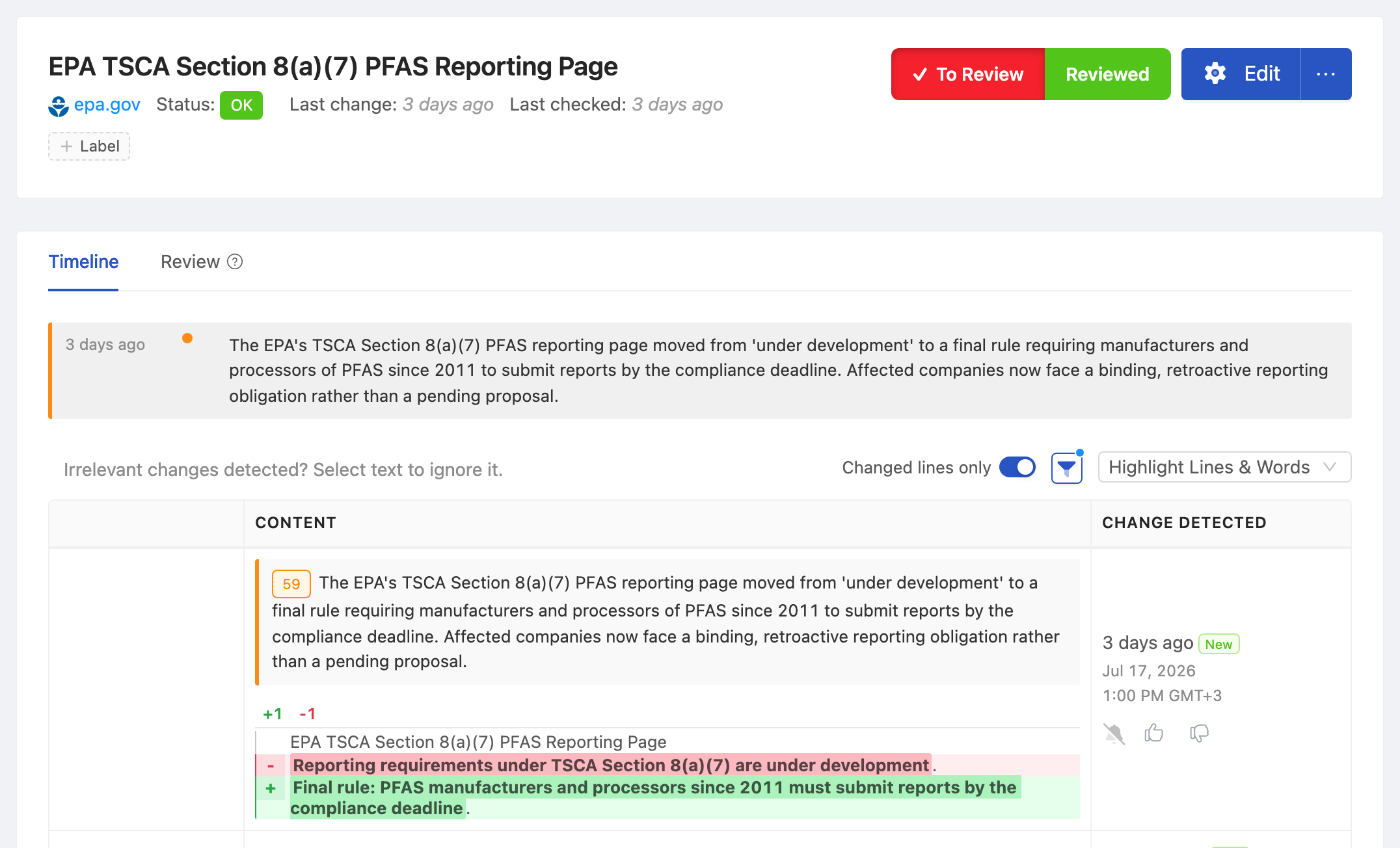 PageCrawl change diff for EPA TSCA Section 8(a)(7) PFAS Reporting Page, highlighting the added and removed text