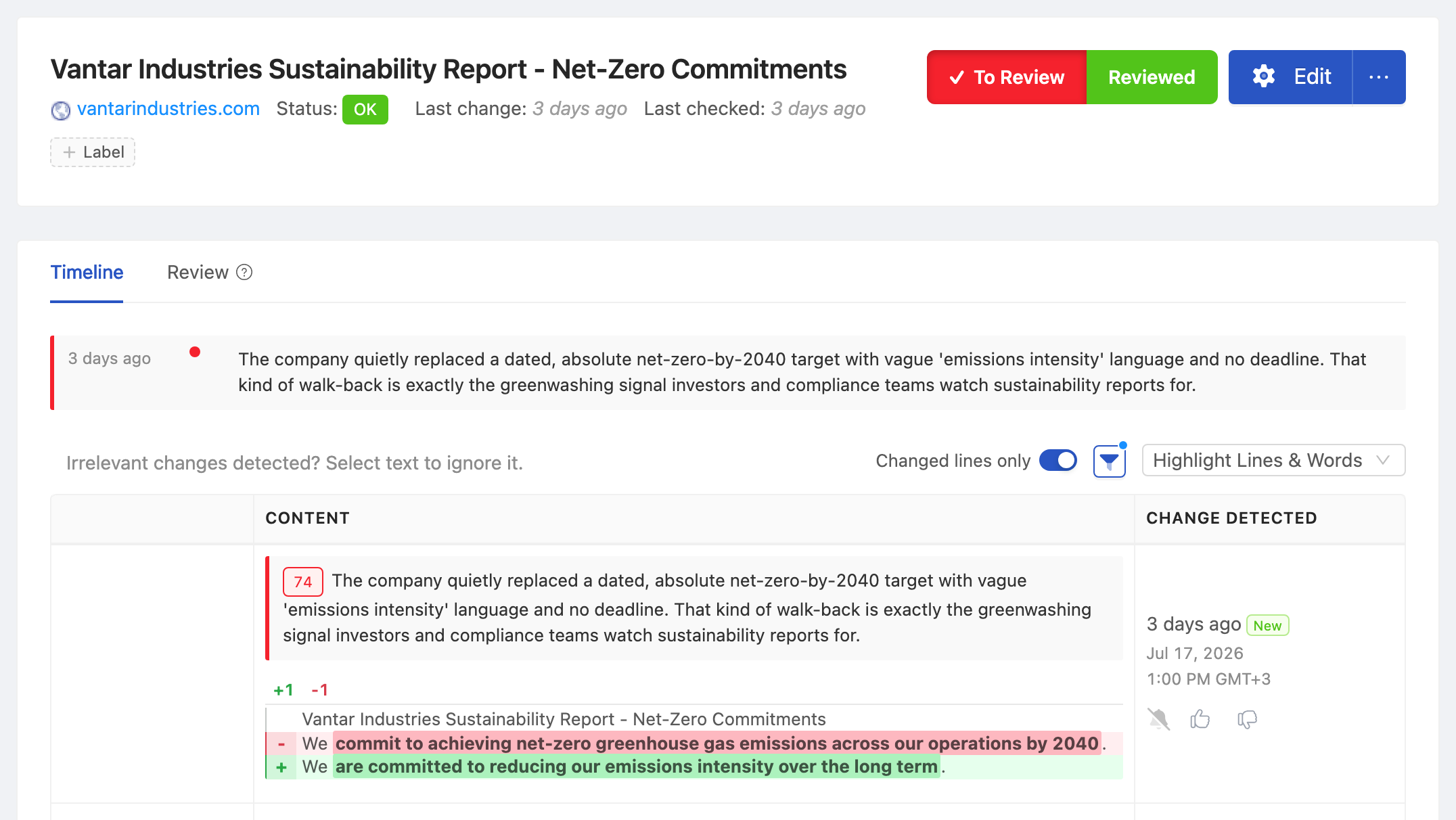 PageCrawl change diff for Corporate Sustainability Report - Net-Zero Commitments, highlighting the added and removed text