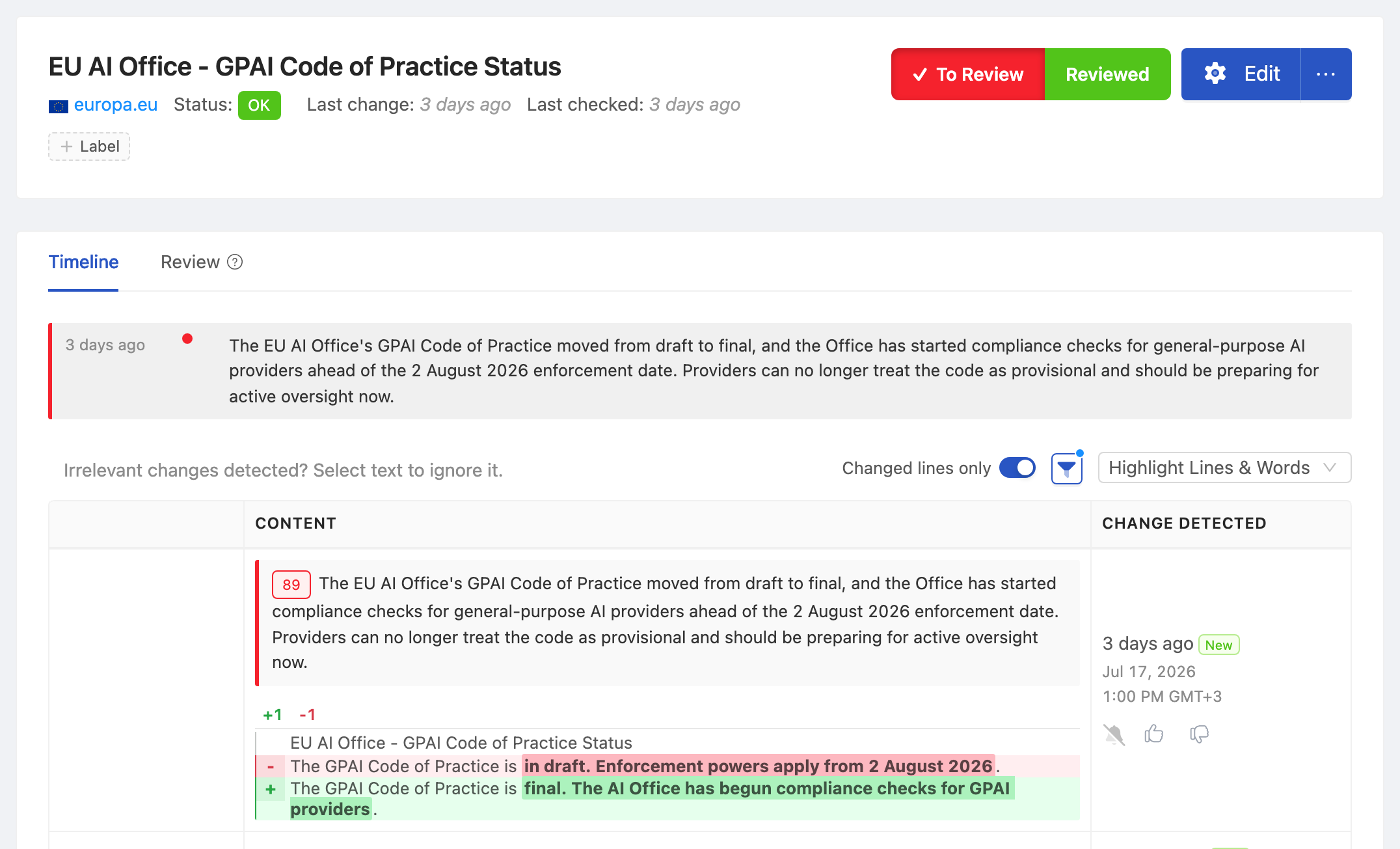 PageCrawl change diff for EU AI Office - GPAI Code of Practice Status, highlighting the added and removed text