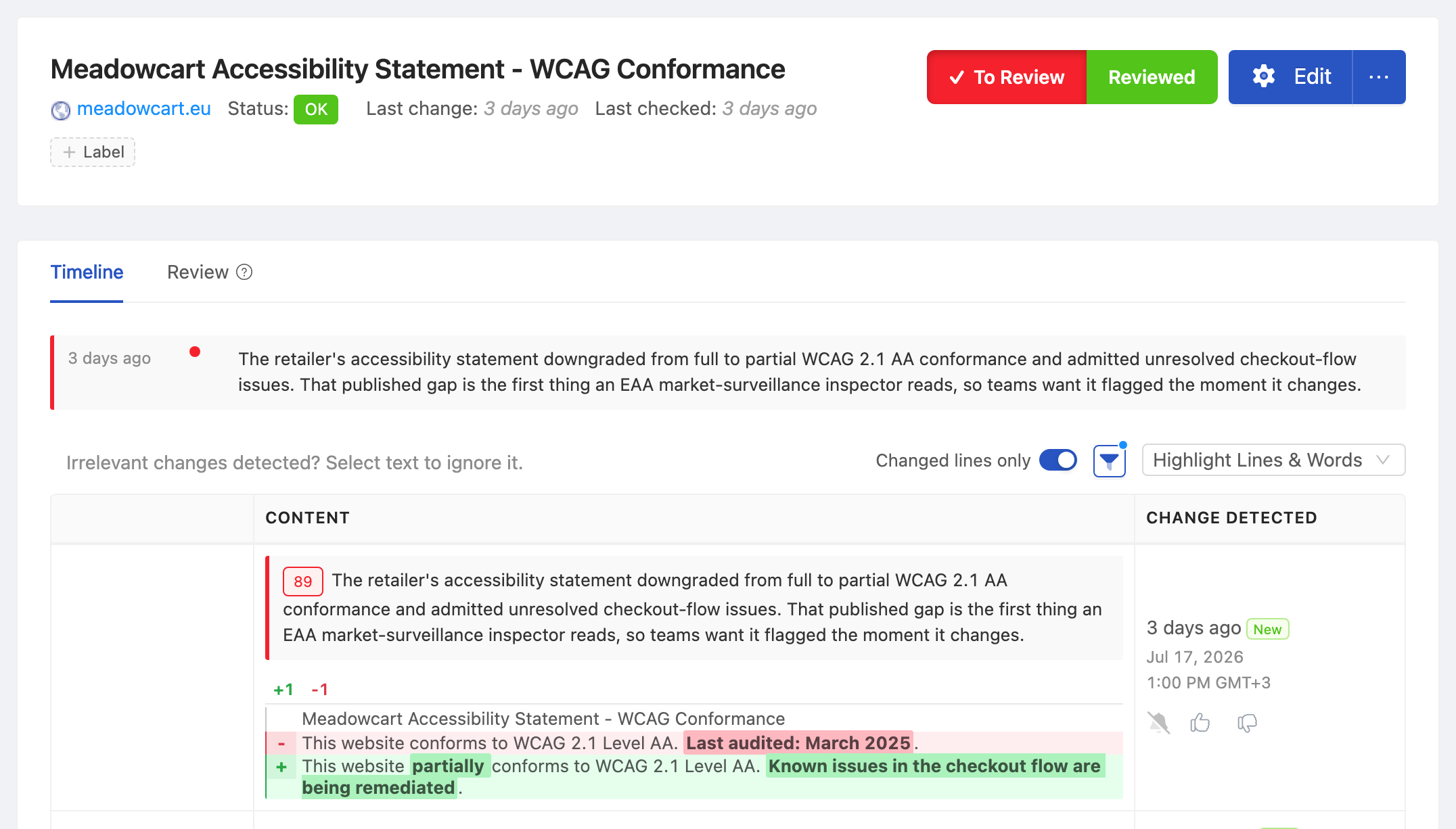 PageCrawl change diff for Accessibility Statement - WCAG Conformance, highlighting the added and removed text
