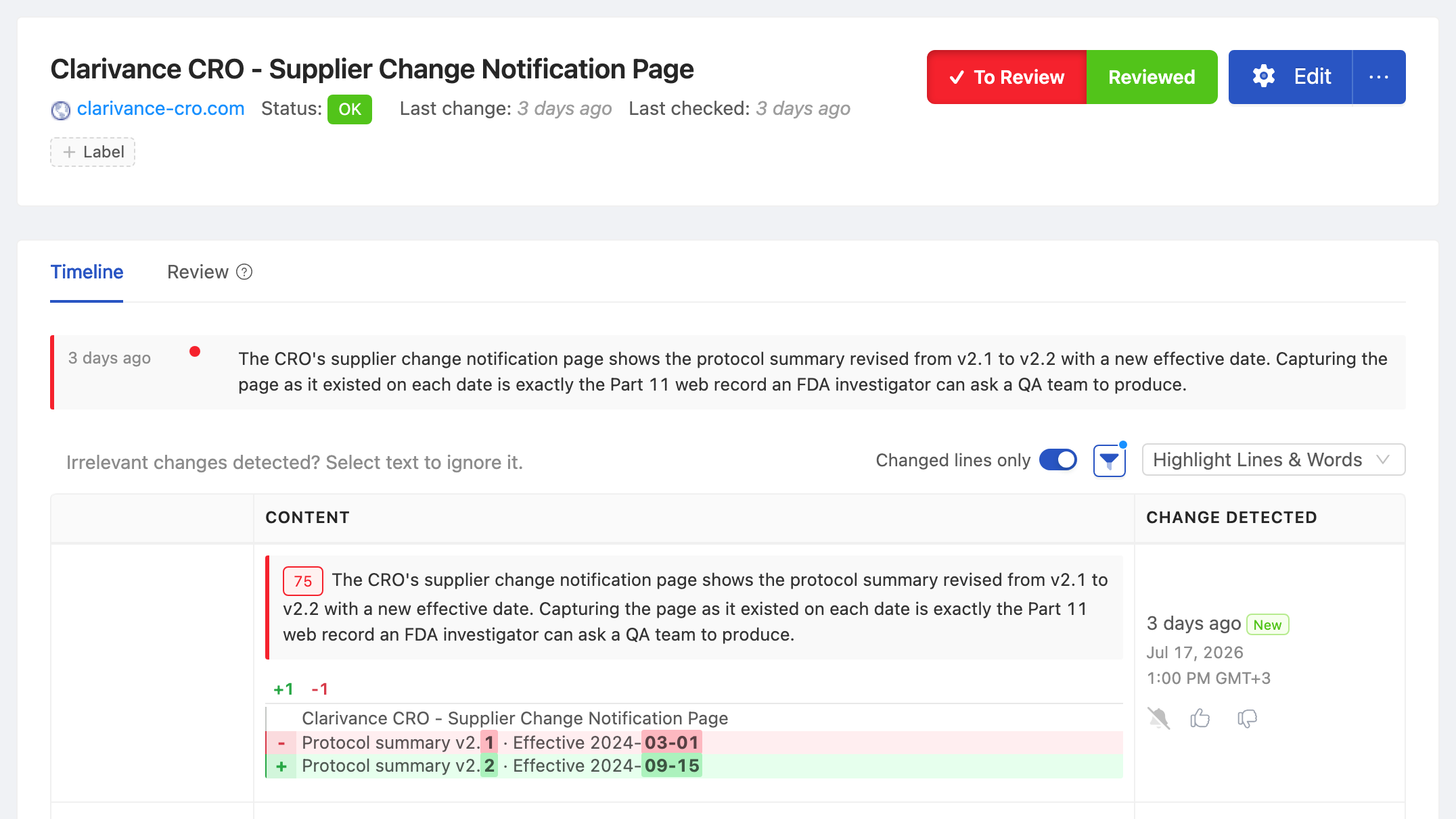 PageCrawl change diff for Supplier Change Notification Page, highlighting the added and removed text