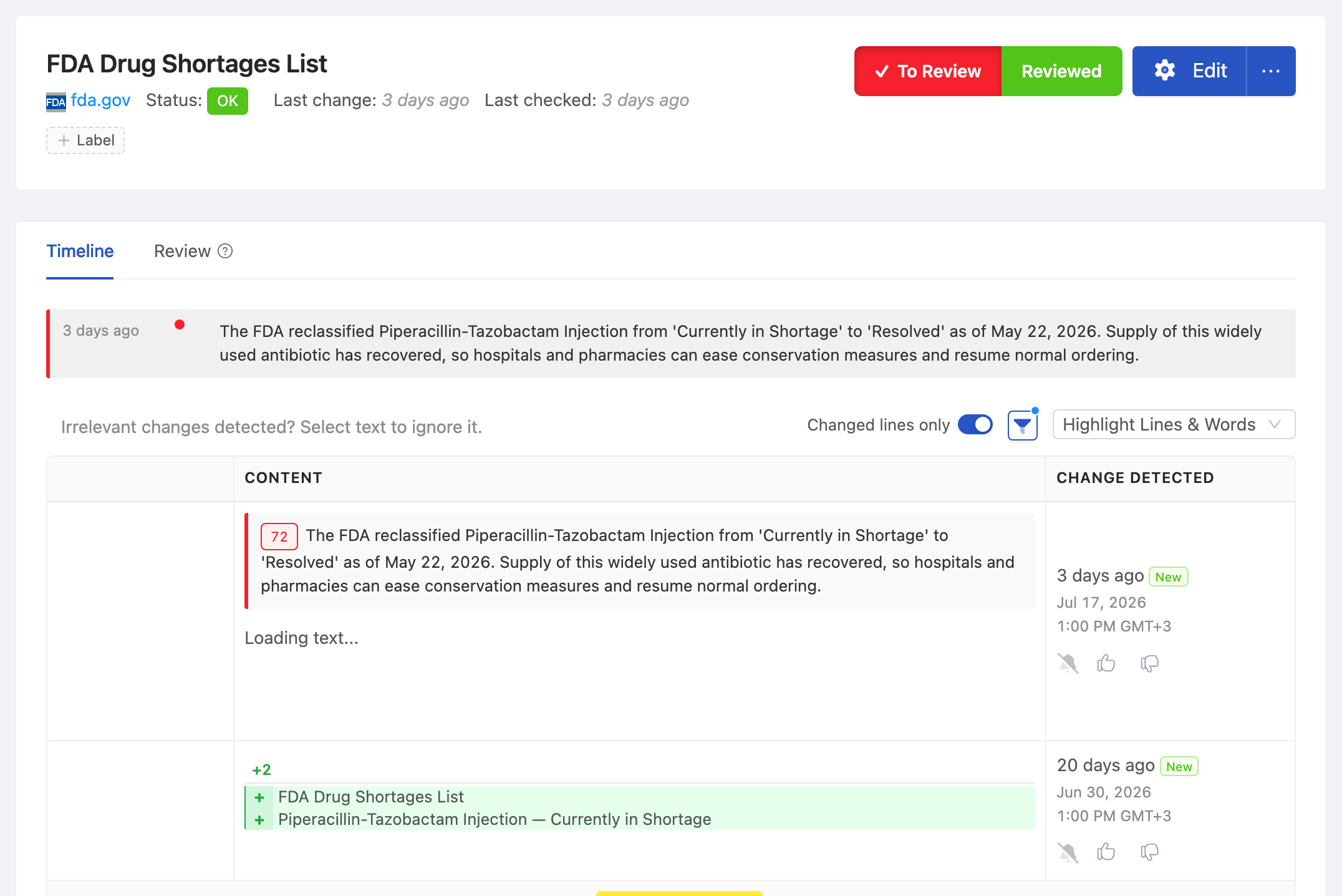 PageCrawl change diff for FDA Drug Shortages List, highlighting the added and removed text