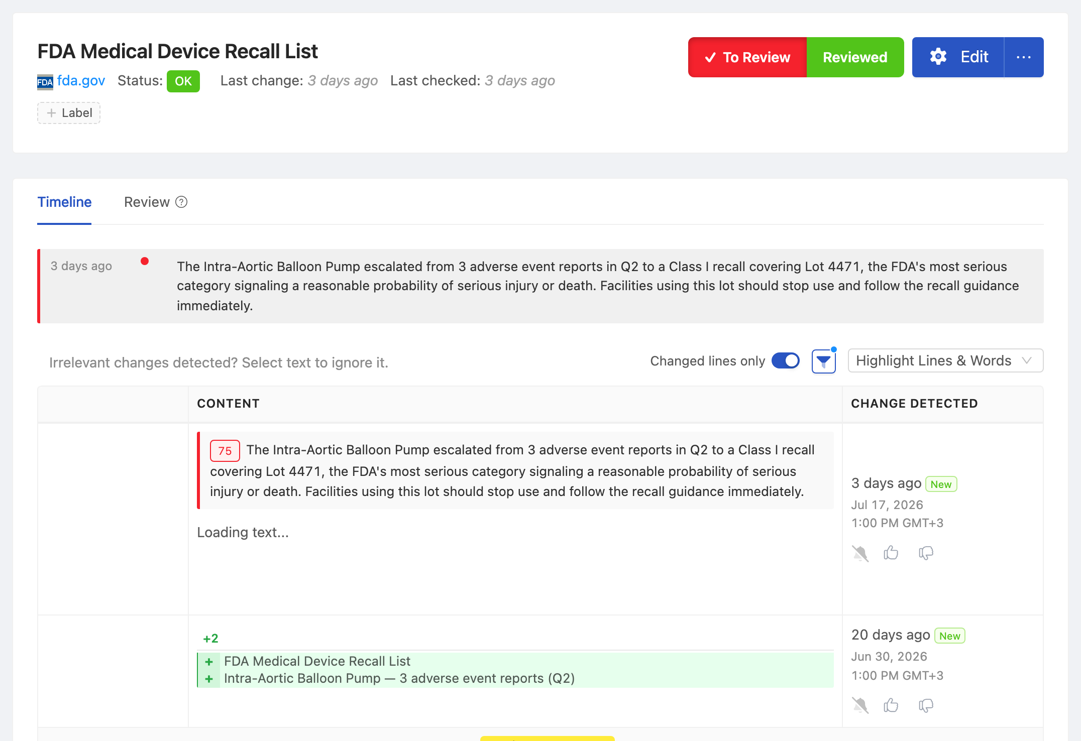 PageCrawl change diff for FDA Medical Device Recall List, highlighting the added and removed text
