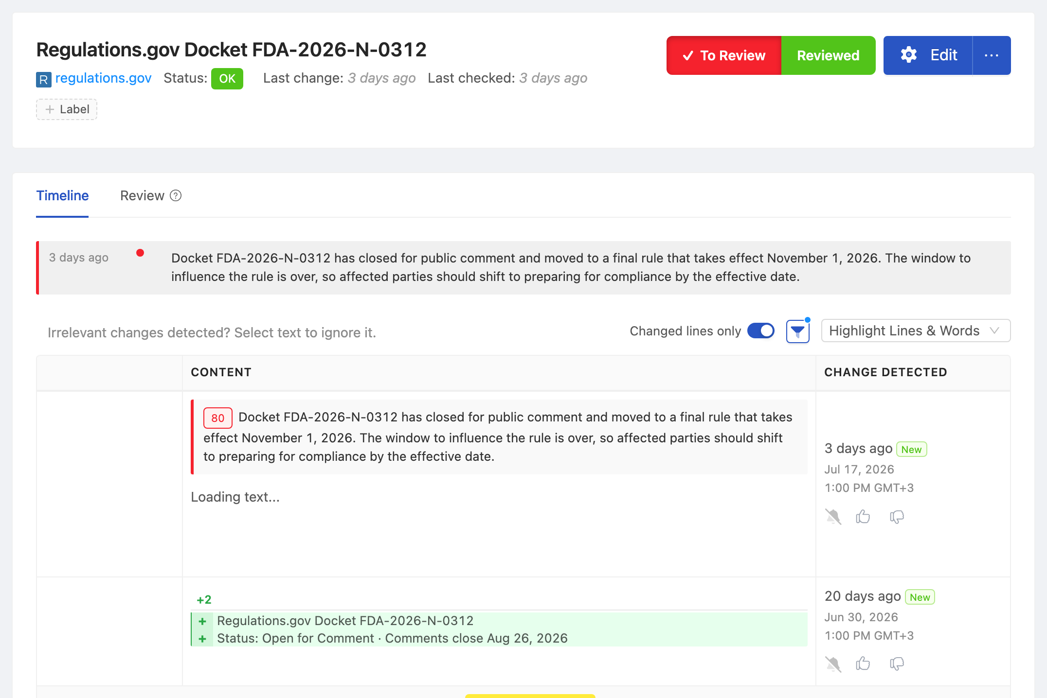 PageCrawl change diff for Regulations.gov Docket FDA-2026-N-0312, highlighting the added and removed text