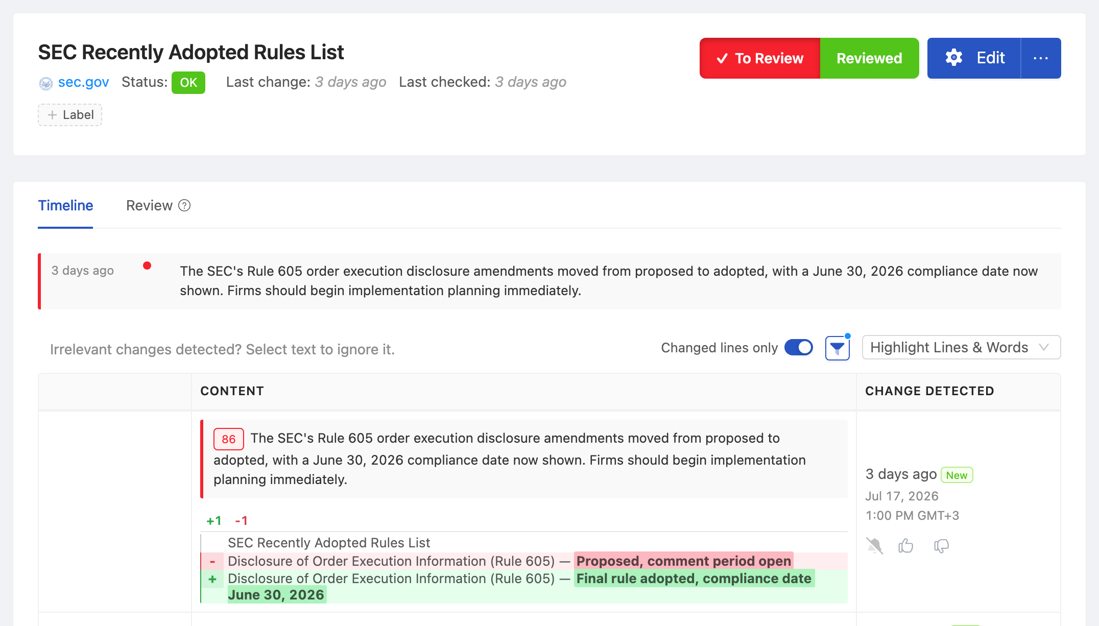 PageCrawl change diff for SEC Rules and Regulations Updates, highlighting the added and removed text