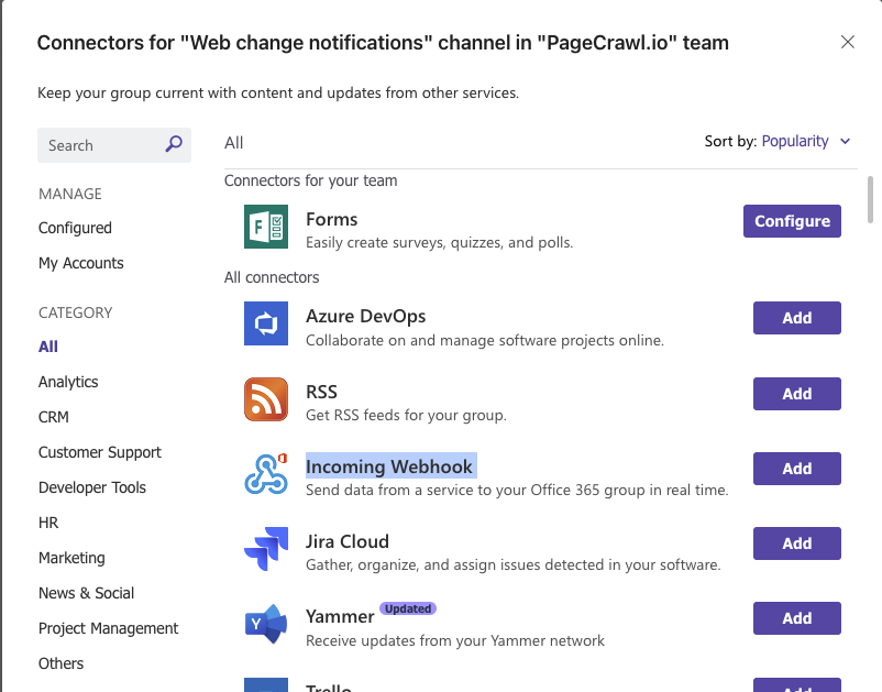 microsoft teams incoming webhook location