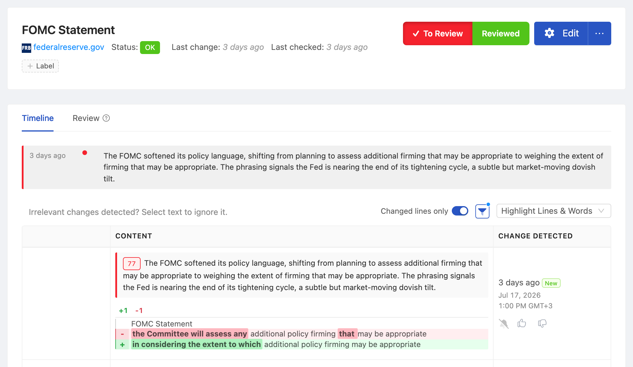 PageCrawl change diff for FOMC Statement, highlighting the added and removed text