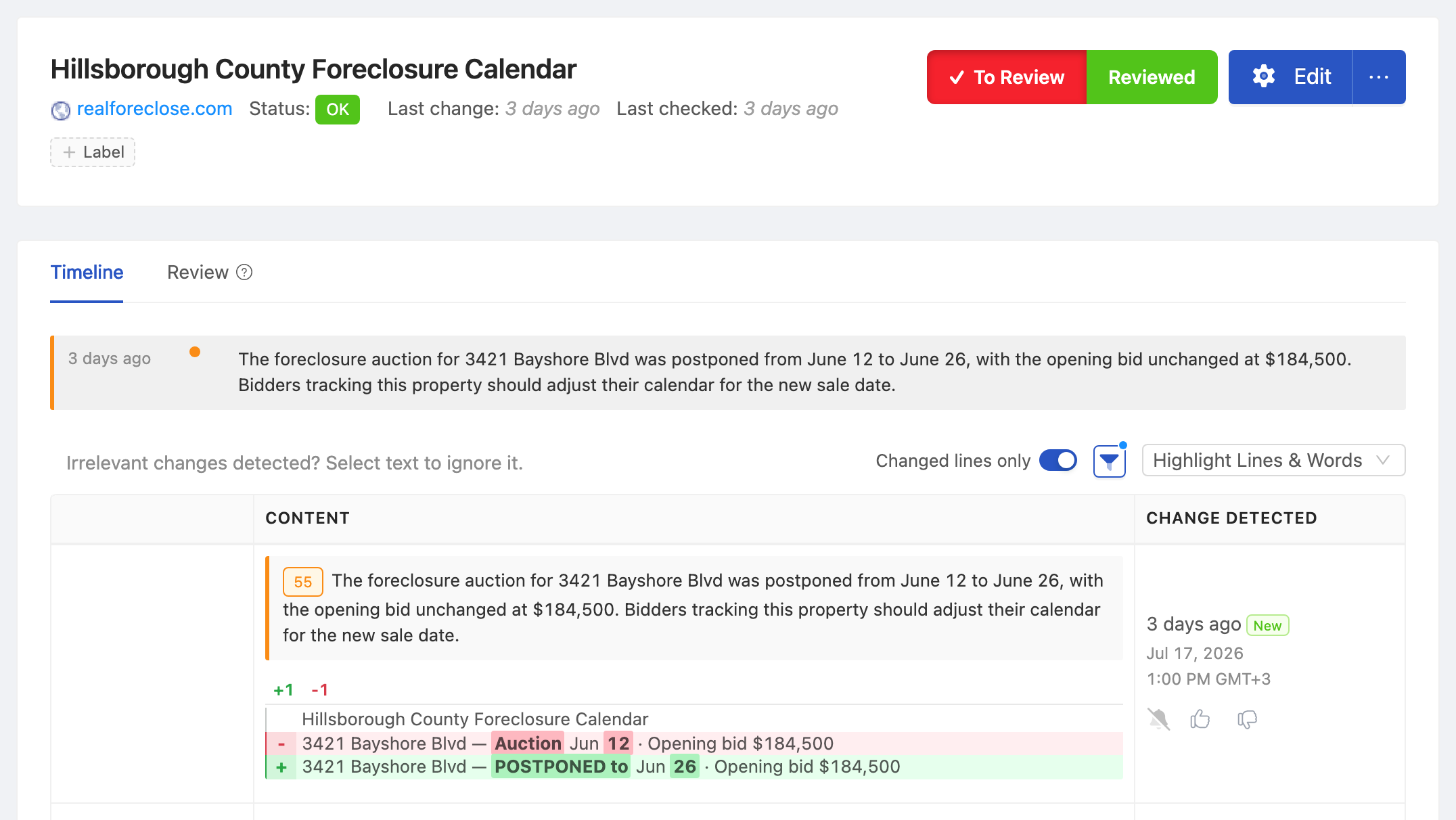 PageCrawl change diff for Hillsborough County Foreclosure Calendar, highlighting the added and removed text