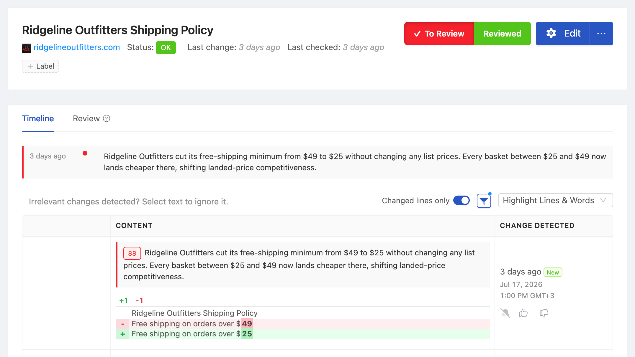 PageCrawl change diff for Competitor Shipping Policy Page, highlighting the added and removed text