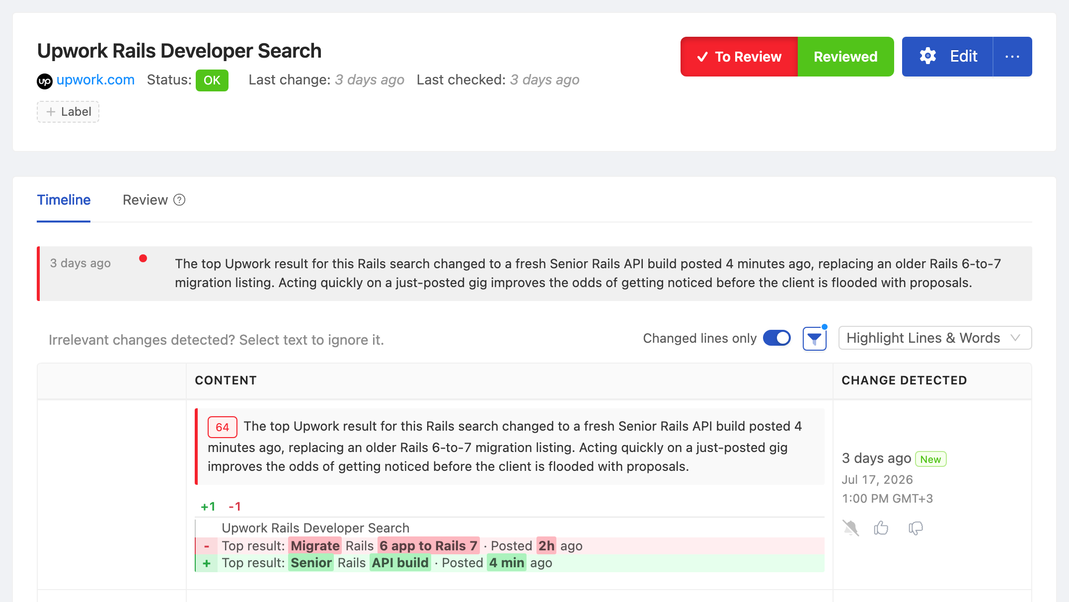 PageCrawl change diff for Upwork Rails Developer Search, highlighting the added and removed text