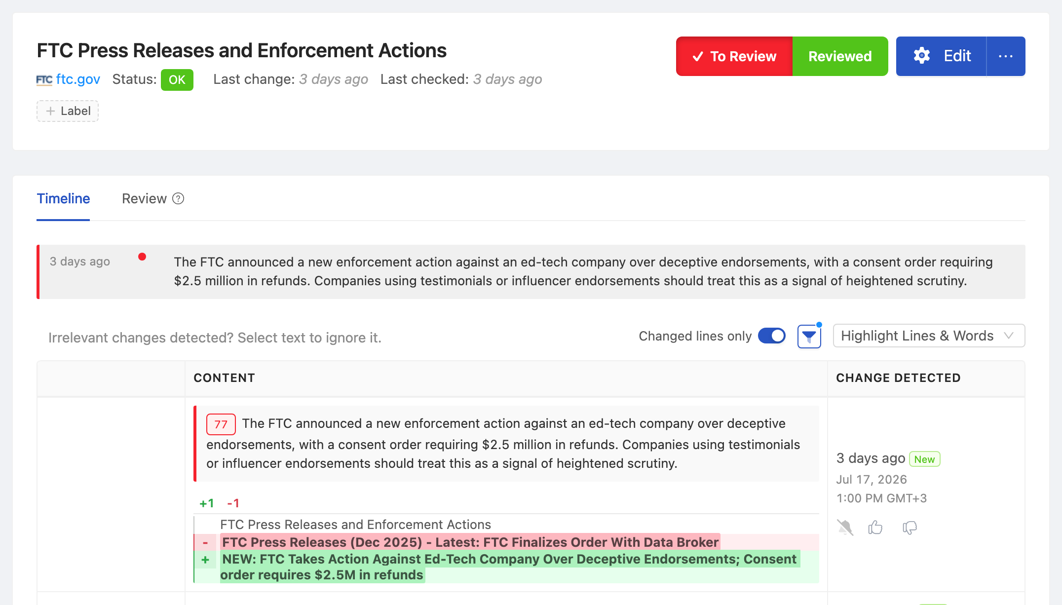 PageCrawl change diff for FTC Press Releases and Enforcement Actions, highlighting the added and removed text