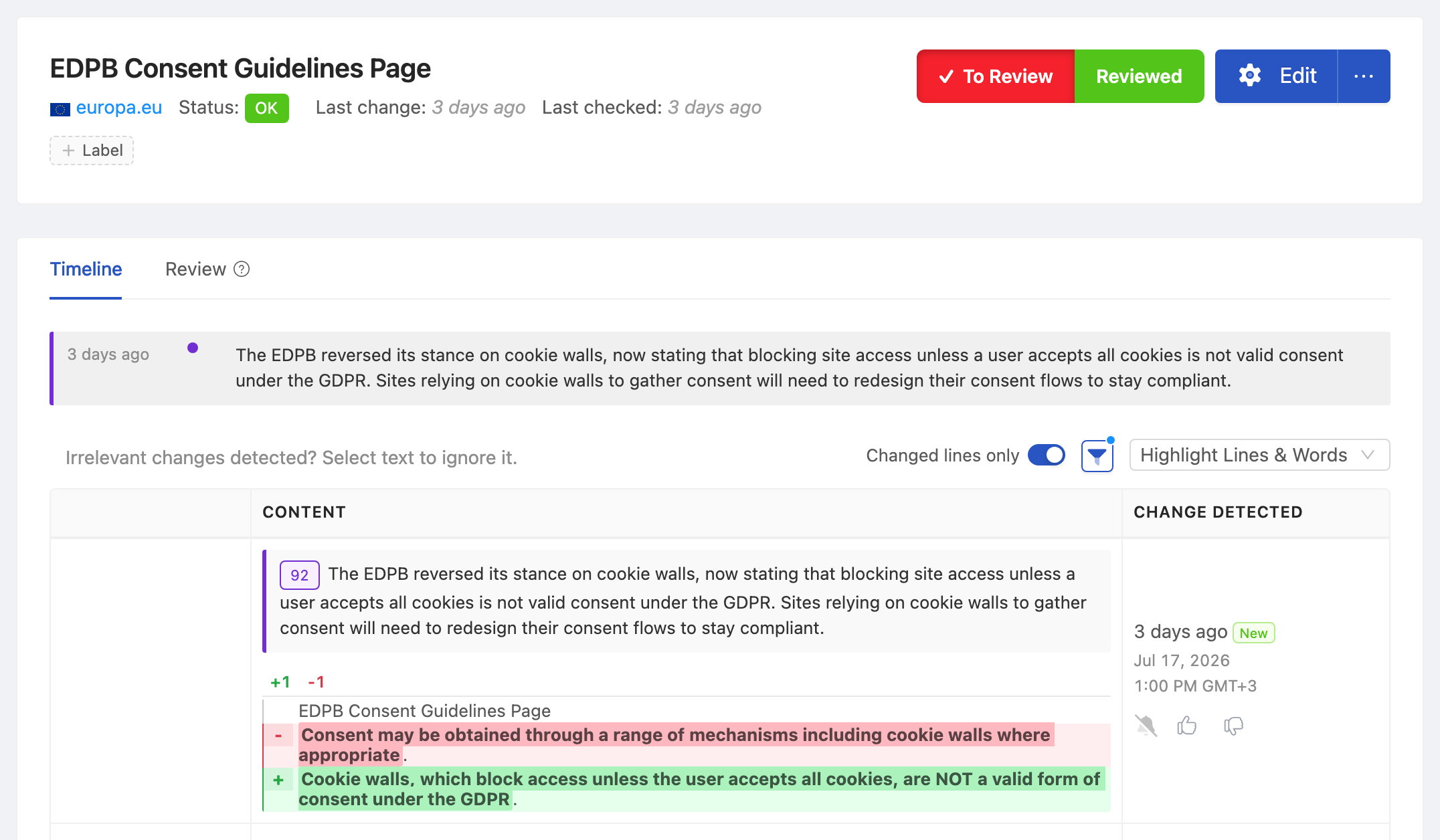 PageCrawl change diff for EDPB Consent Guidelines Page, highlighting the added and removed text