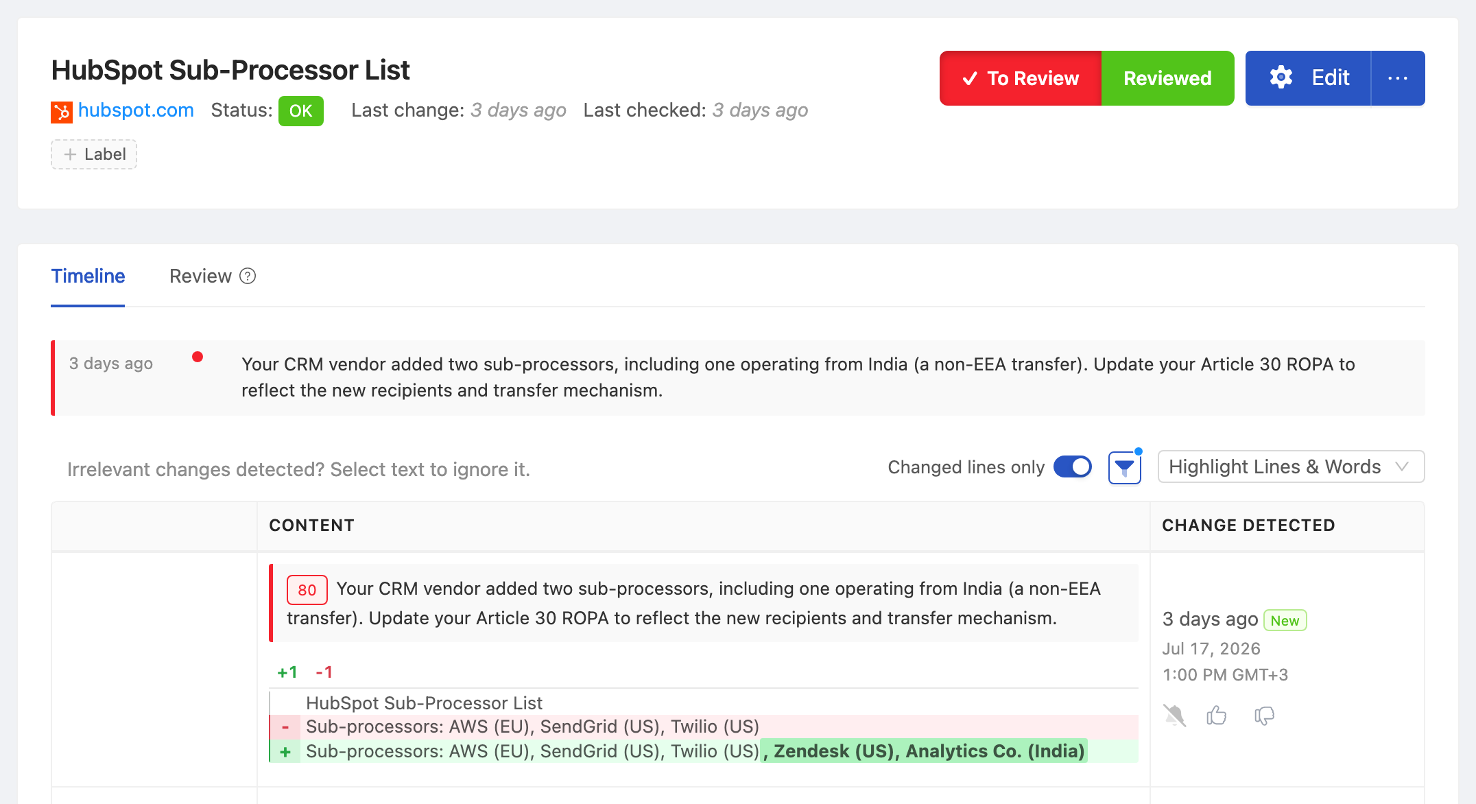PageCrawl change diff for CRM Vendor Sub-Processor List, highlighting the added and removed text