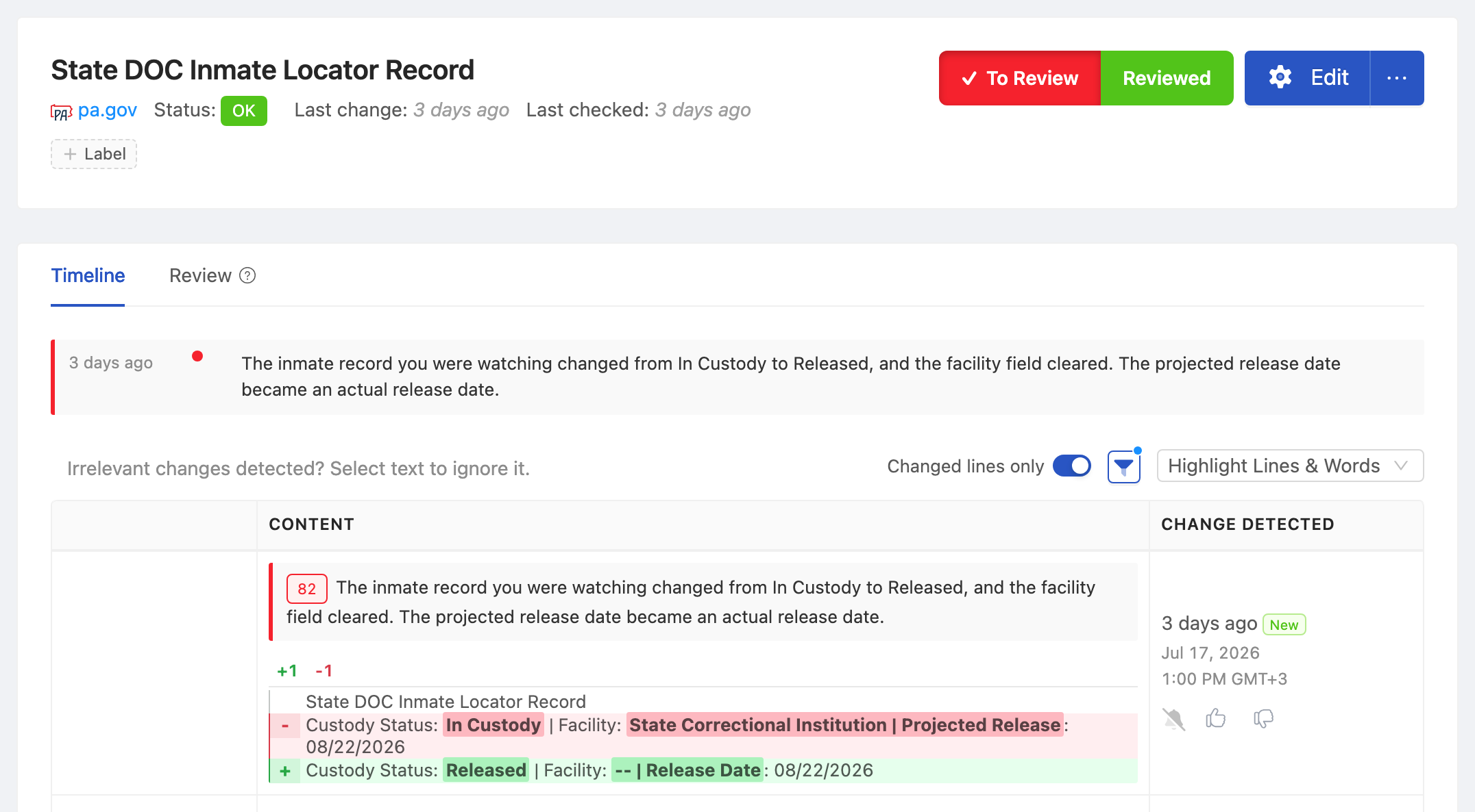 PageCrawl change diff for State DOC Inmate Locator Record, highlighting the added and removed text