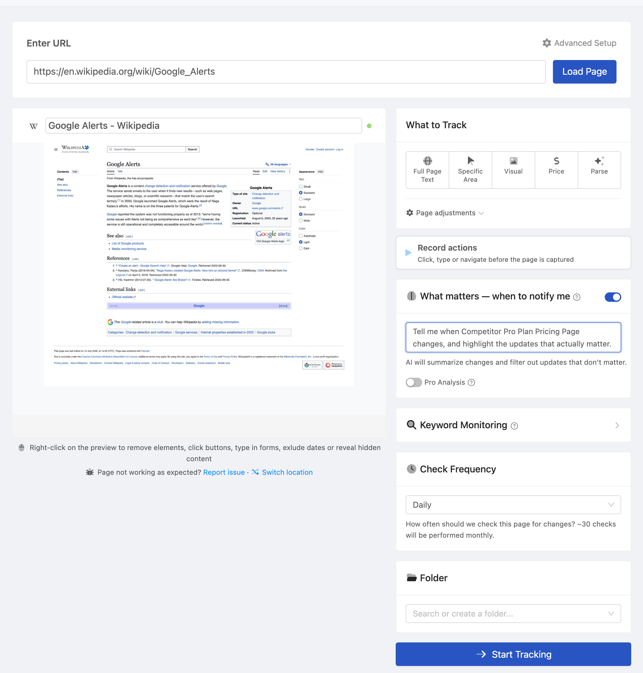 Setting up a PageCrawl monitor for Competitor Pro Plan Pricing Page