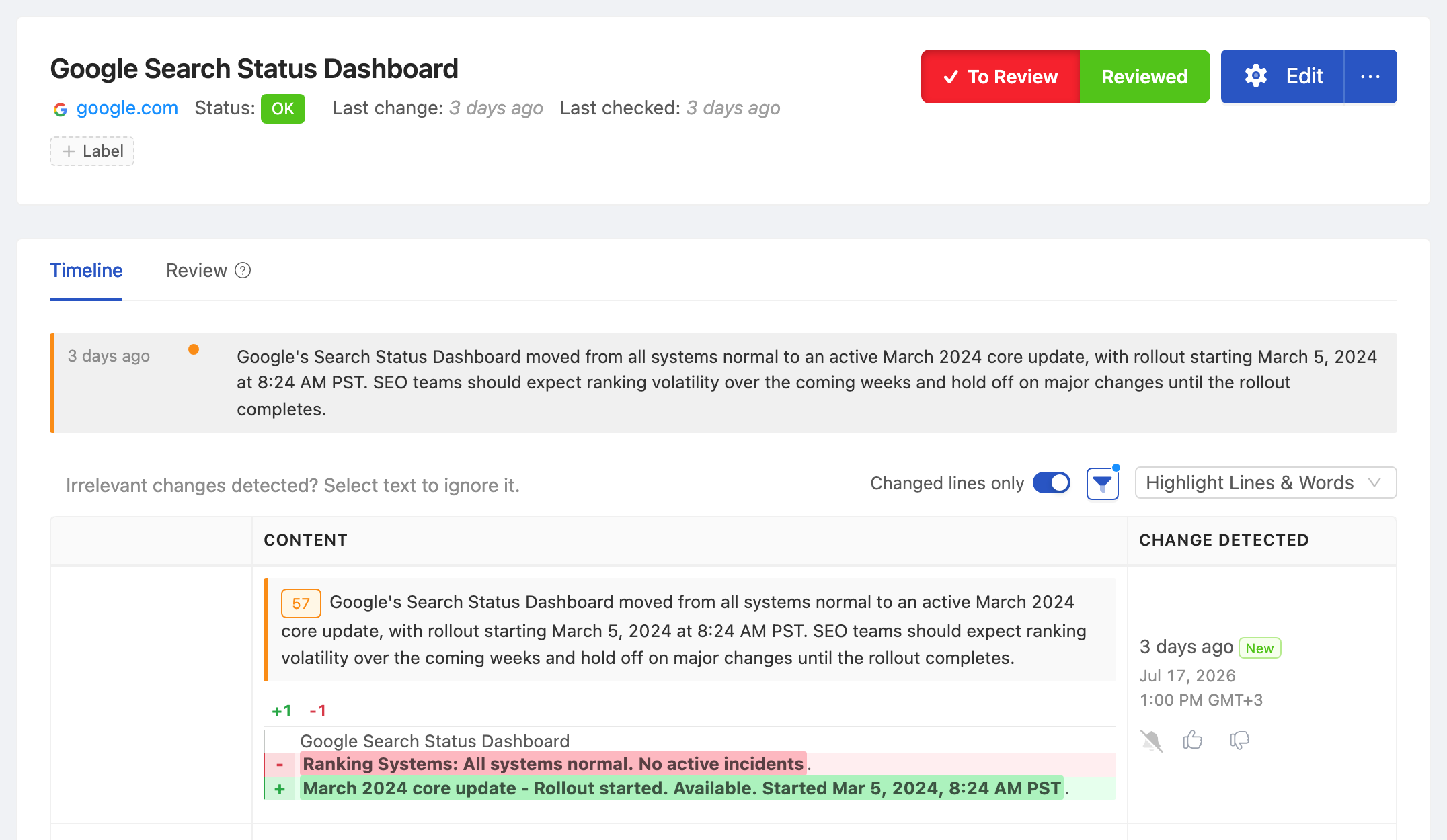 PageCrawl change diff for Google Search Status Dashboard, highlighting the added and removed text
