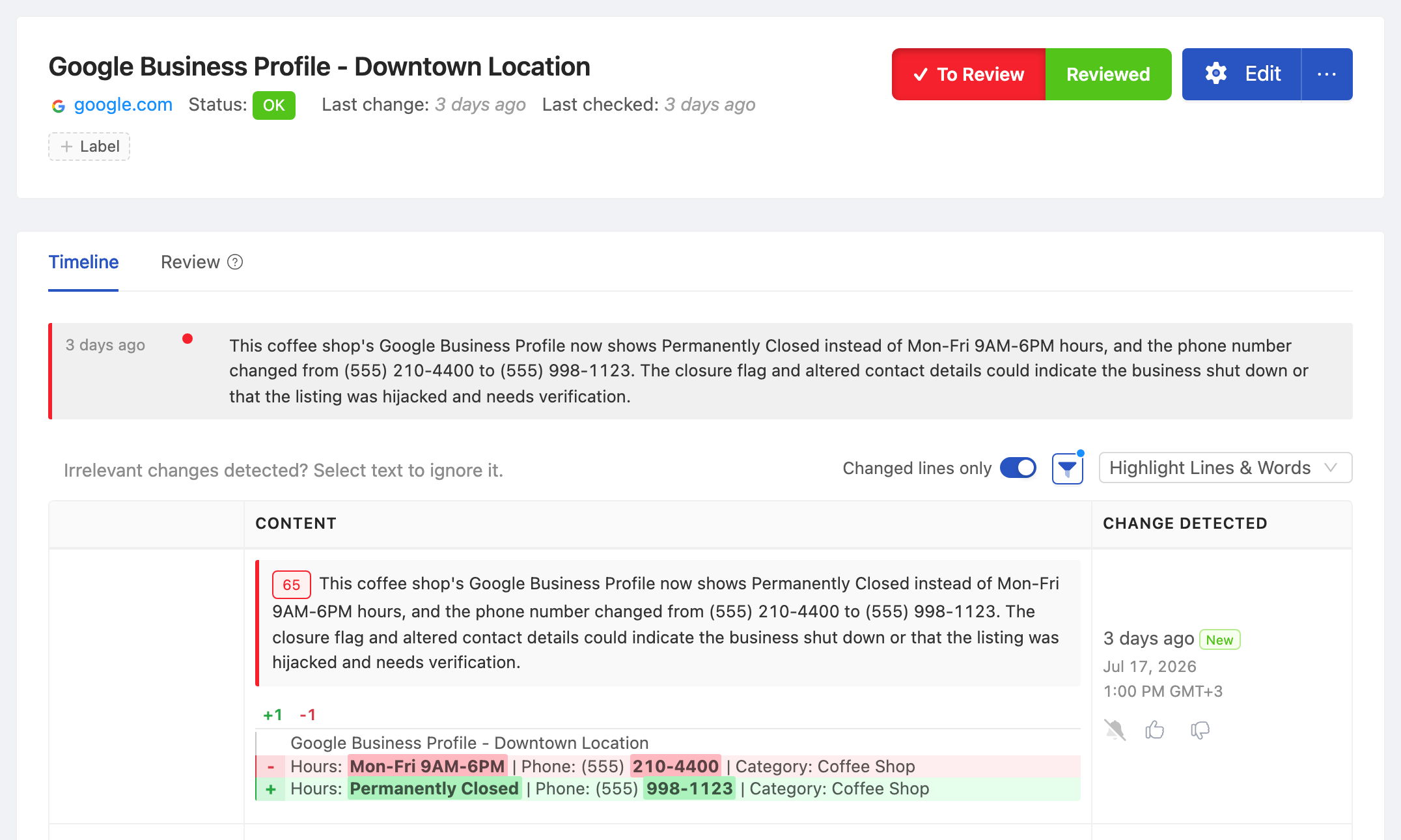 PageCrawl change diff for Google Business Profile - Downtown Location, highlighting the added and removed text