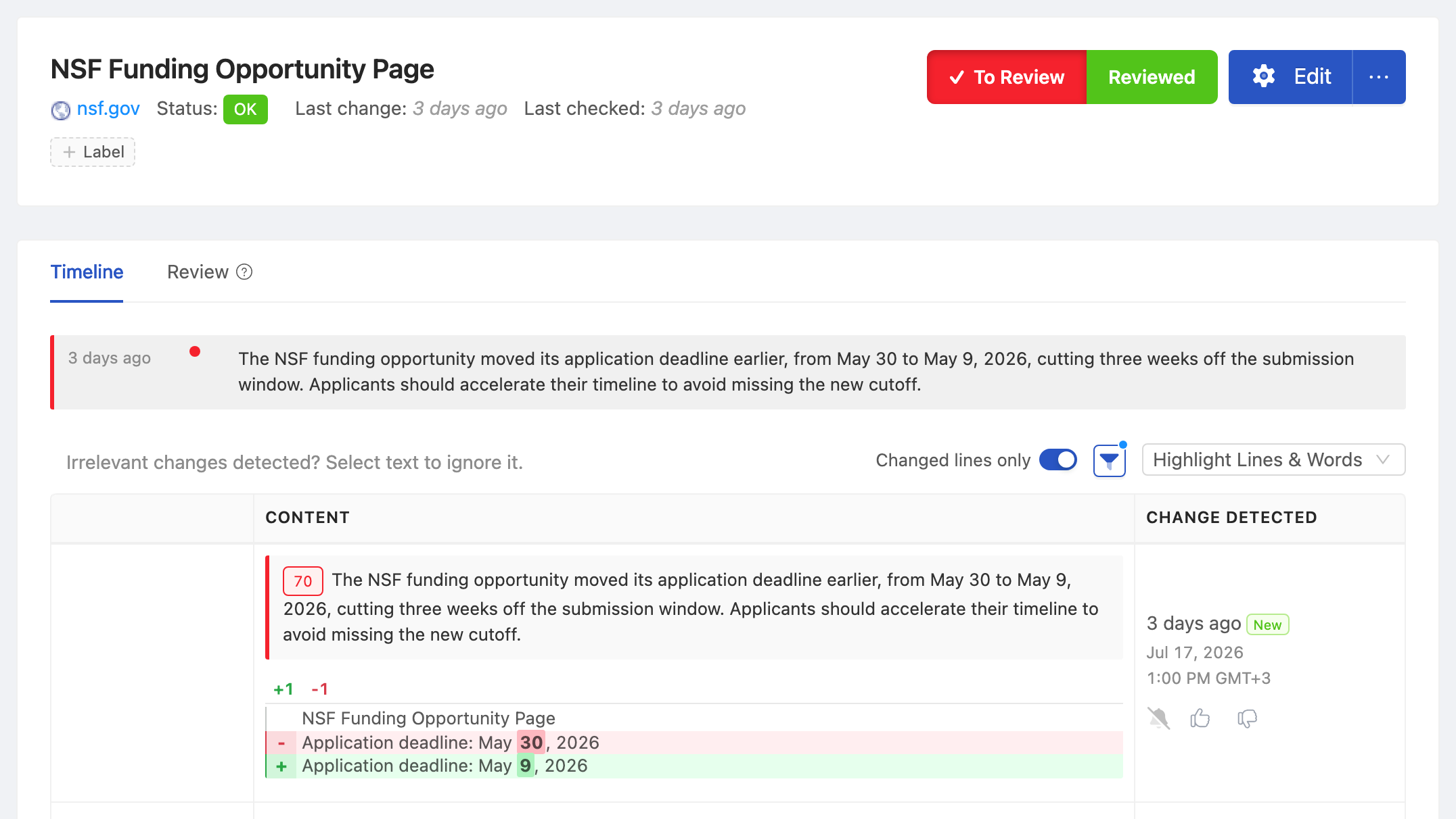 PageCrawl change diff for NSF Funding Opportunity Page, highlighting the added and removed text