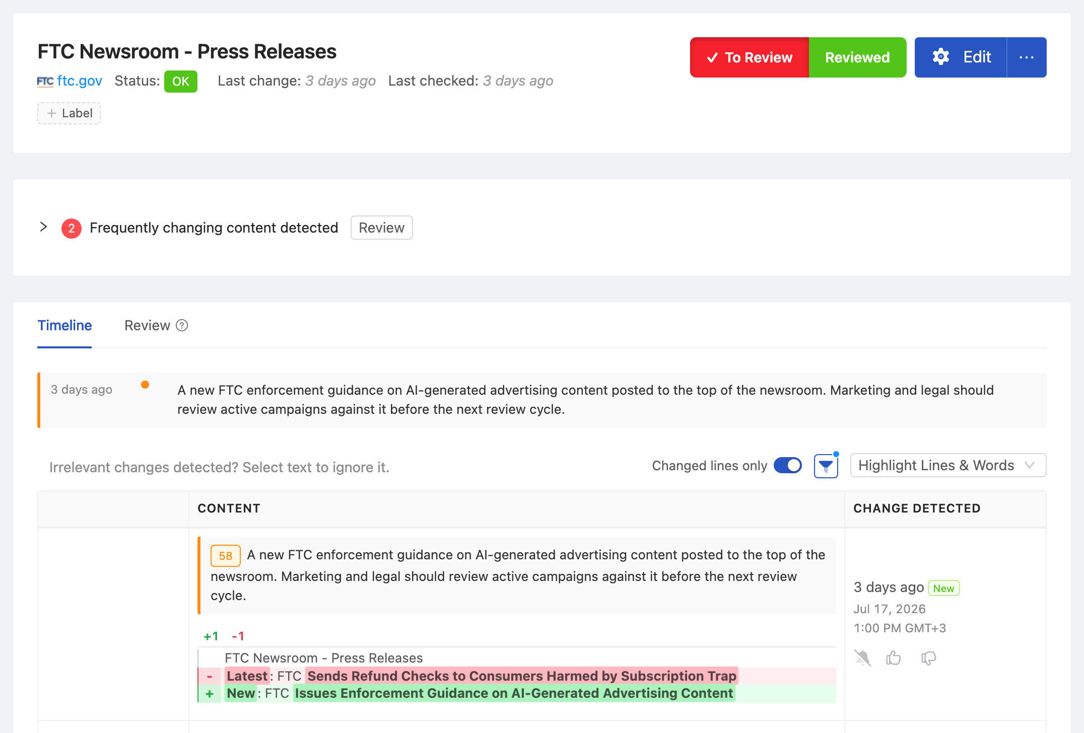 PageCrawl change diff for FTC Newsroom - Press Releases, highlighting the added and removed text
