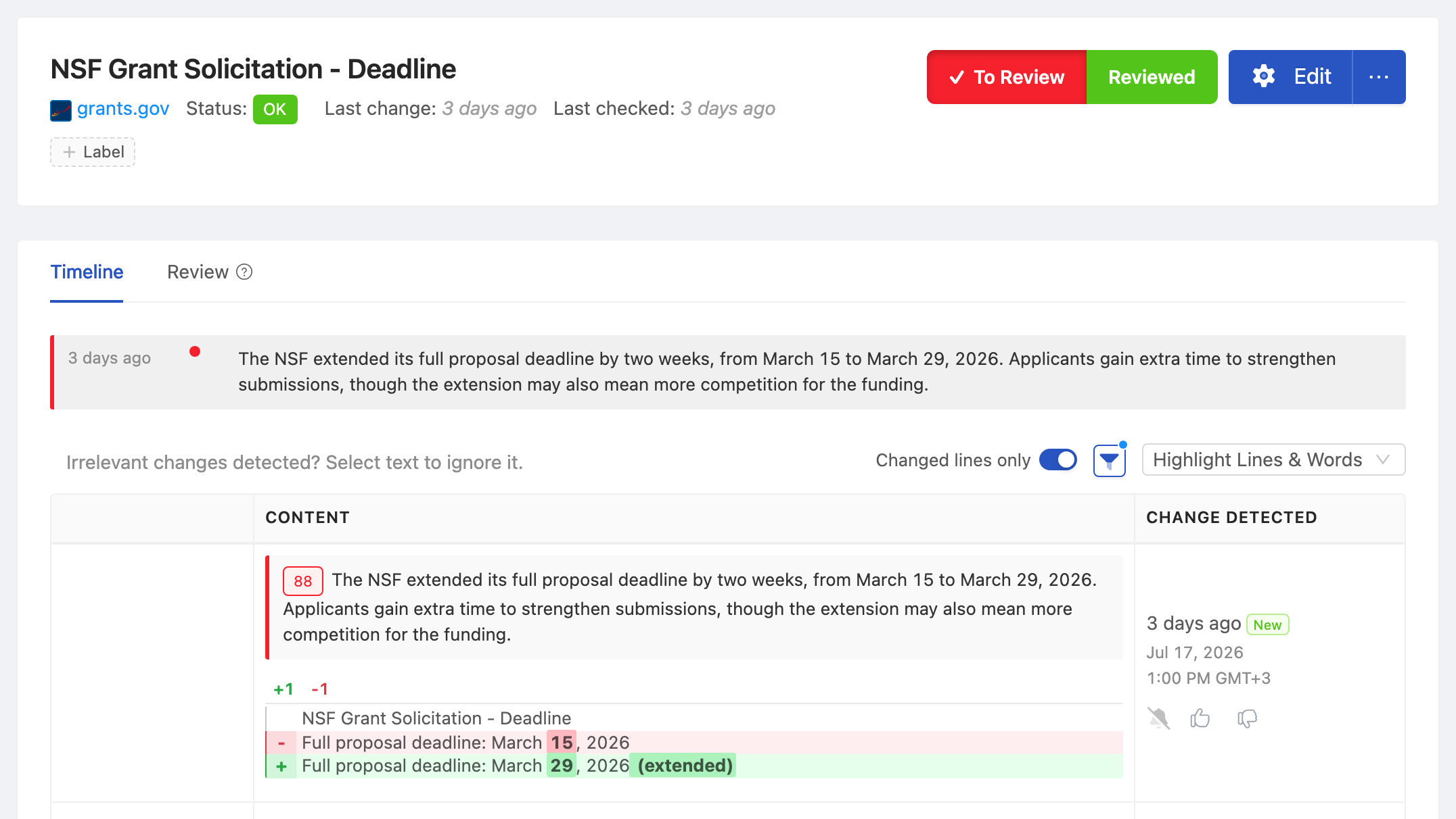 PageCrawl change diff for NSF Grant Solicitation - Deadline, highlighting the added and removed text