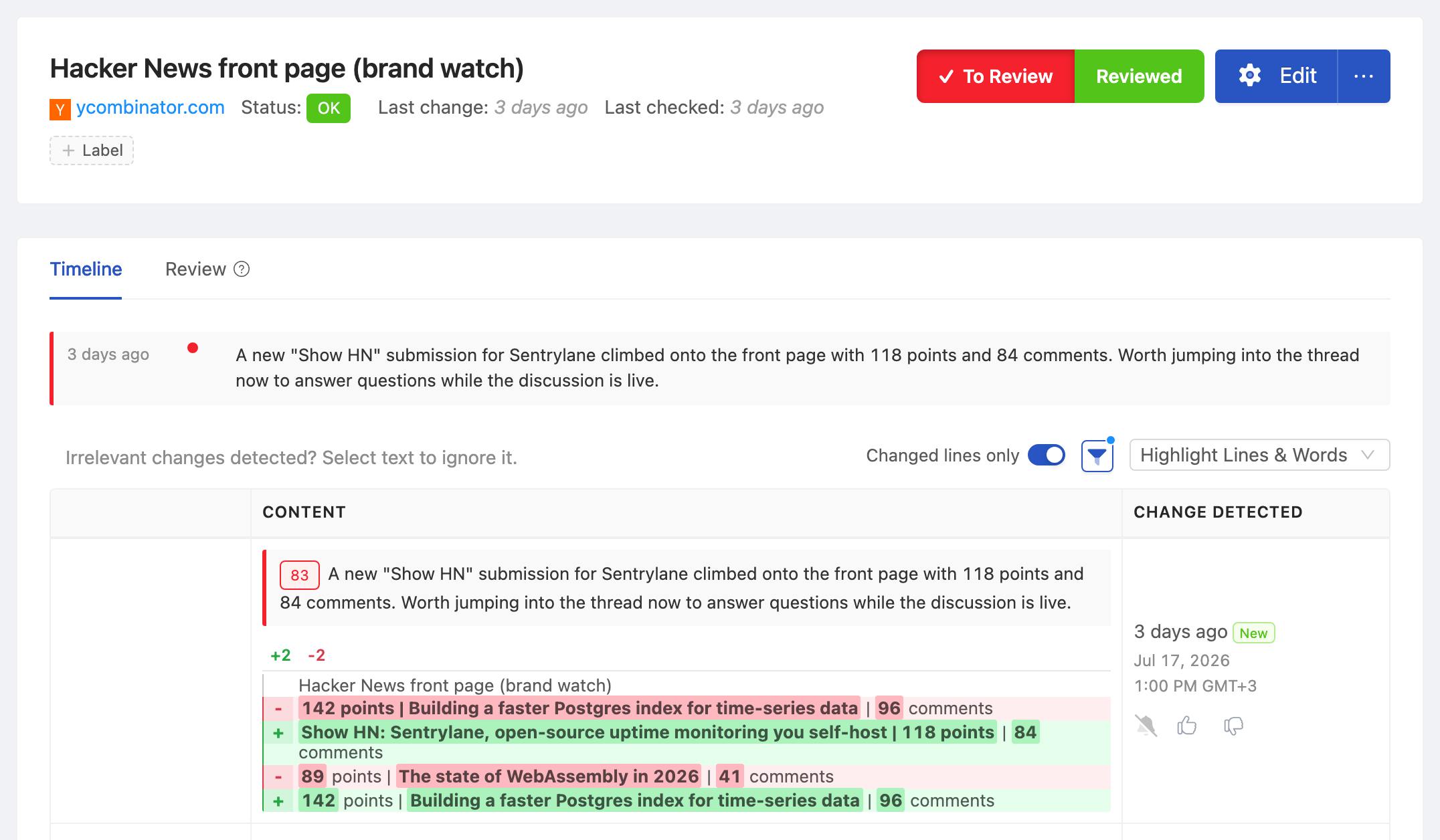 PageCrawl change diff for Hacker News - Front Page (brand watch), highlighting the added and removed text