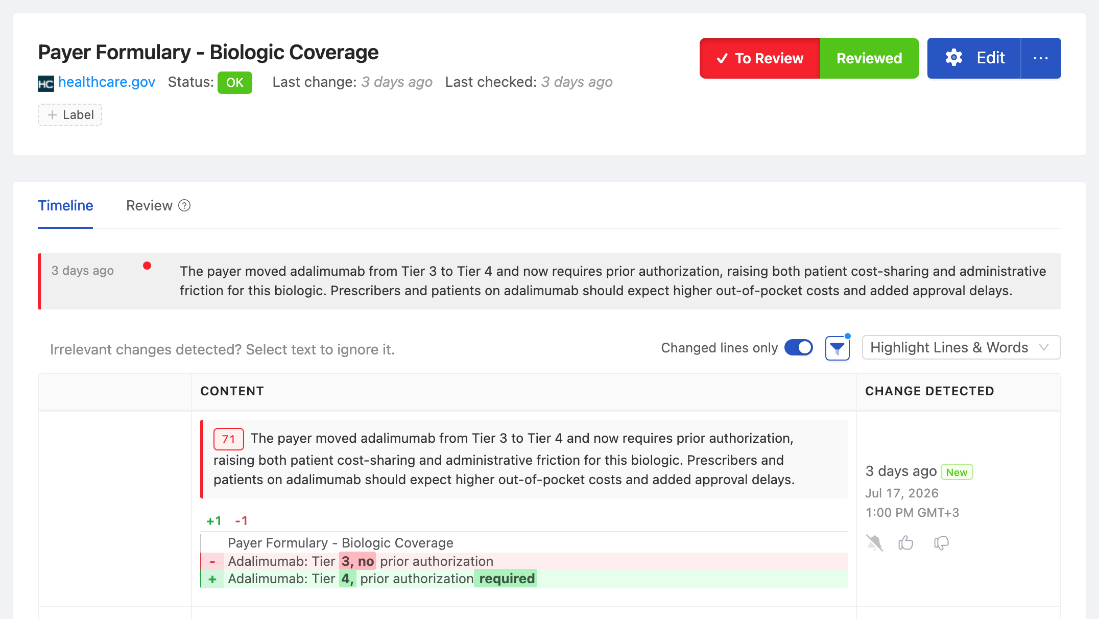 PageCrawl change diff for Payer Formulary - Biologic Coverage, highlighting the added and removed text