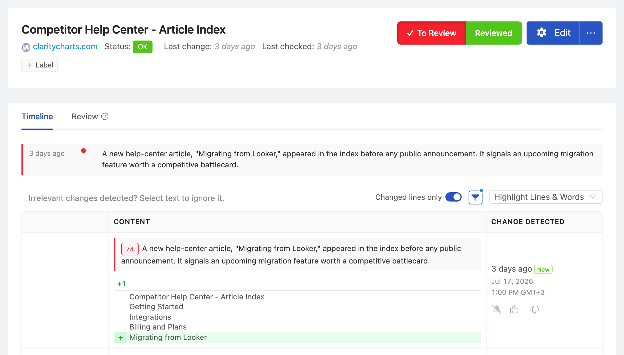 PageCrawl change diff for Competitor Help Center - Article Index, highlighting the added and removed text
