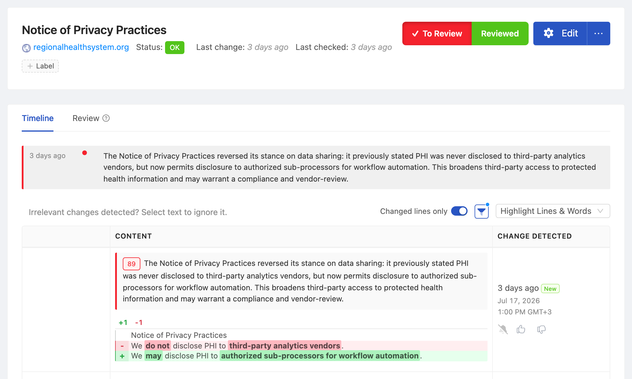 PageCrawl change diff for Notice of Privacy Practices, highlighting the added and removed text