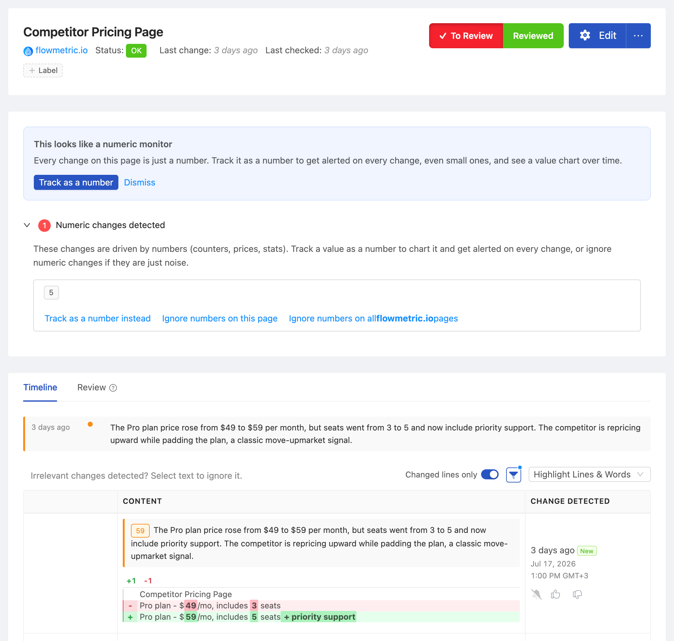 PageCrawl change diff for Competitor Pricing Page, highlighting the added and removed text