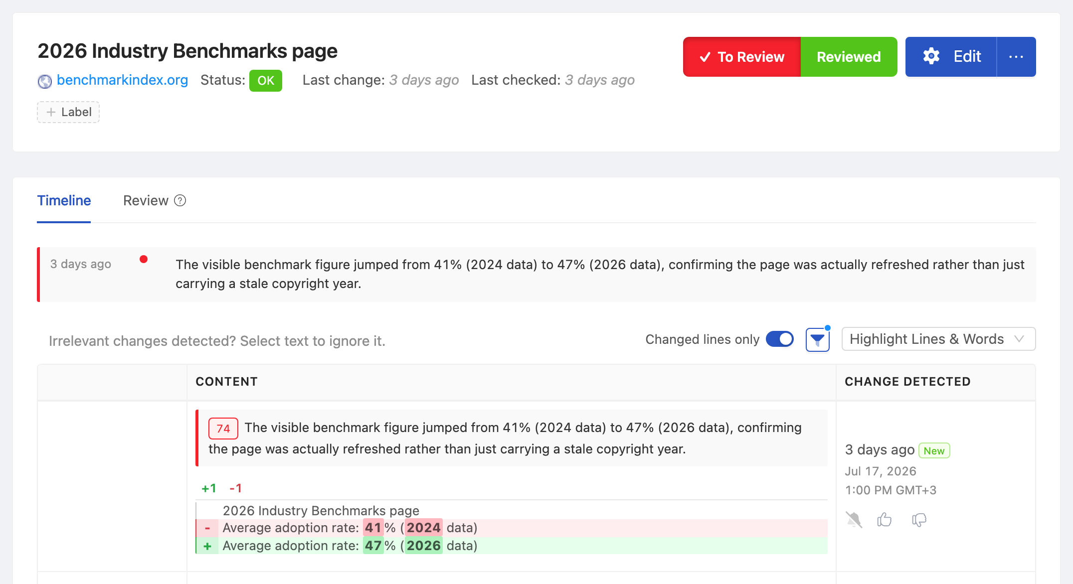 PageCrawl change diff for 2026 Industry Benchmarks page, highlighting the added and removed text