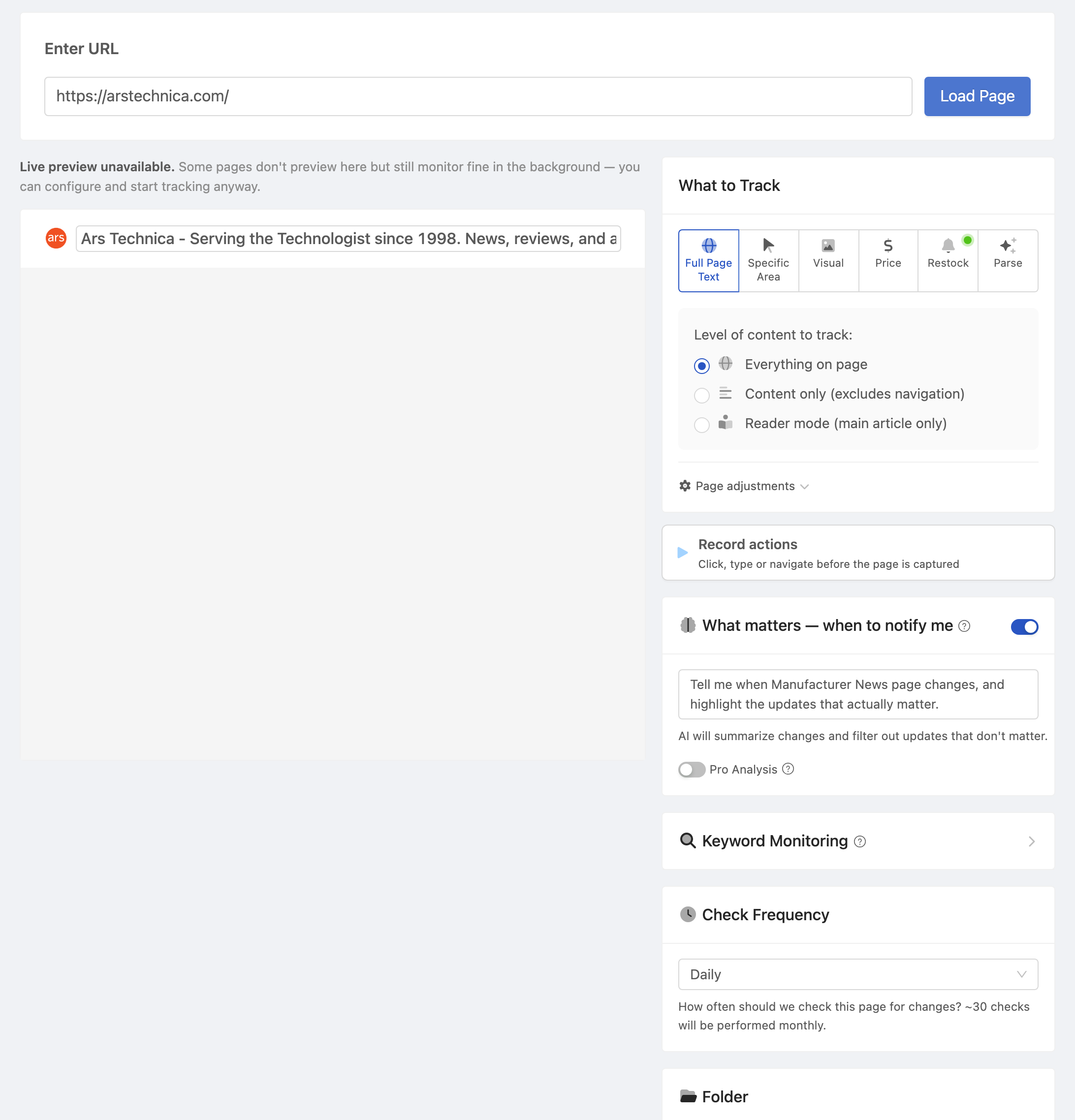 Setting up a PageCrawl monitor for Manufacturer News page
