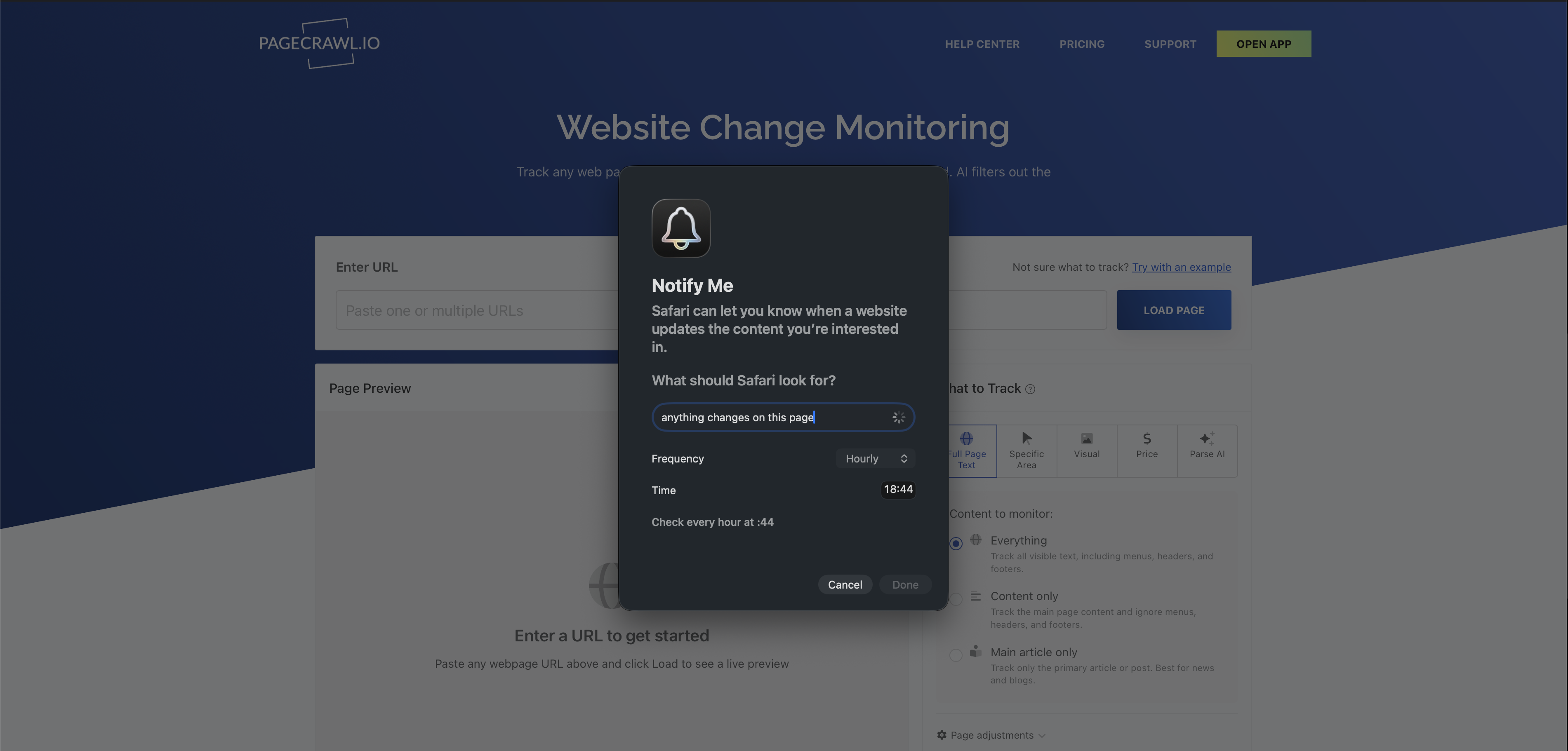 Safari's Notify Me panel open on the PageCrawl homepage, with a custom prompt, an hourly frequency and a check time of :44