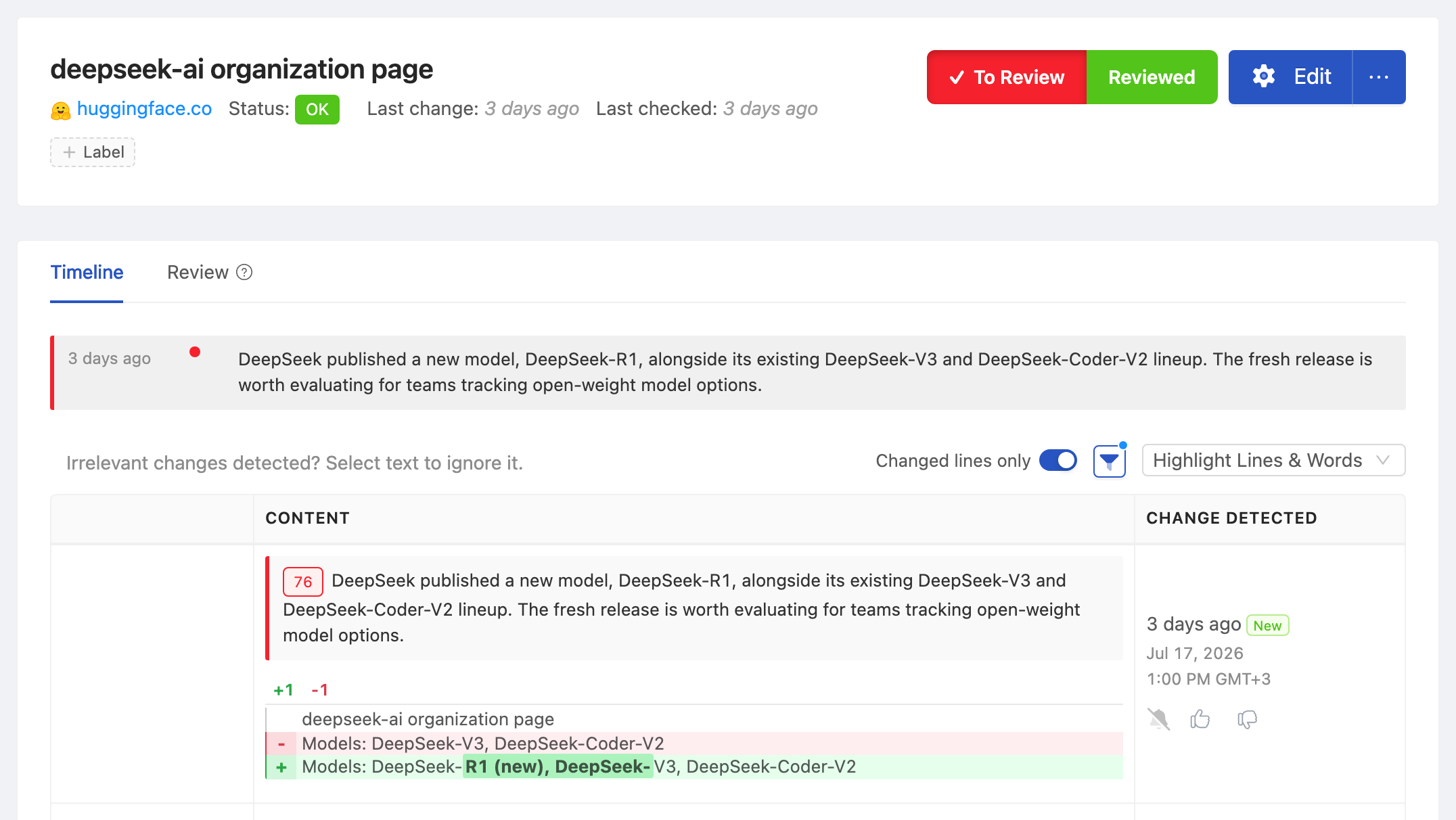 PageCrawl change diff for deepseek-ai organization page, highlighting the added and removed text